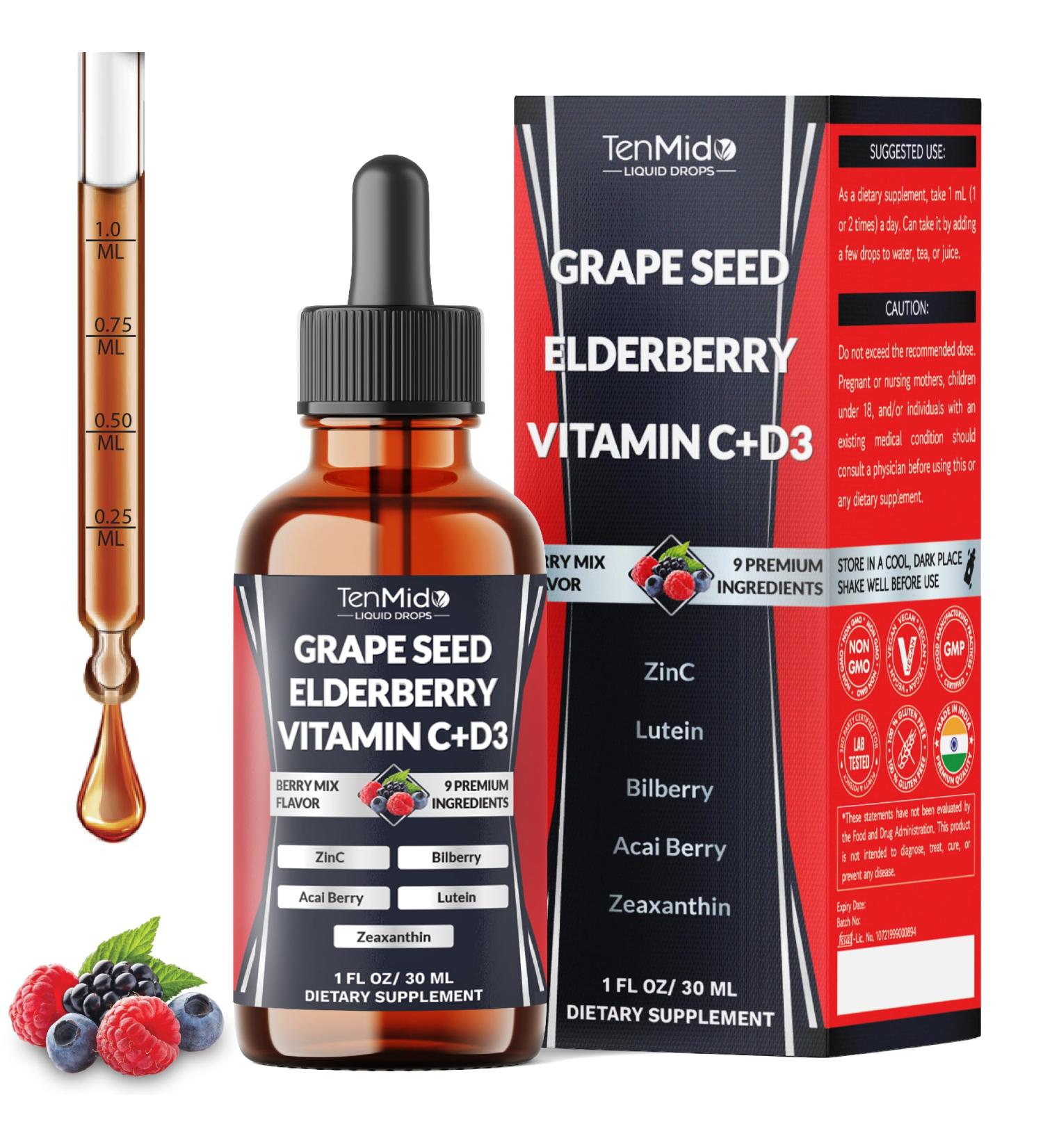 Tenmido 9in1 Grape Seed Extract Liquid Drops with Elderberry Bilberry Acai Berry Lutein Zeaxanthin and More - Antioxidant & Immune System Support - 30ml 1 Fl Oz - Buy Online on GoSupps.com