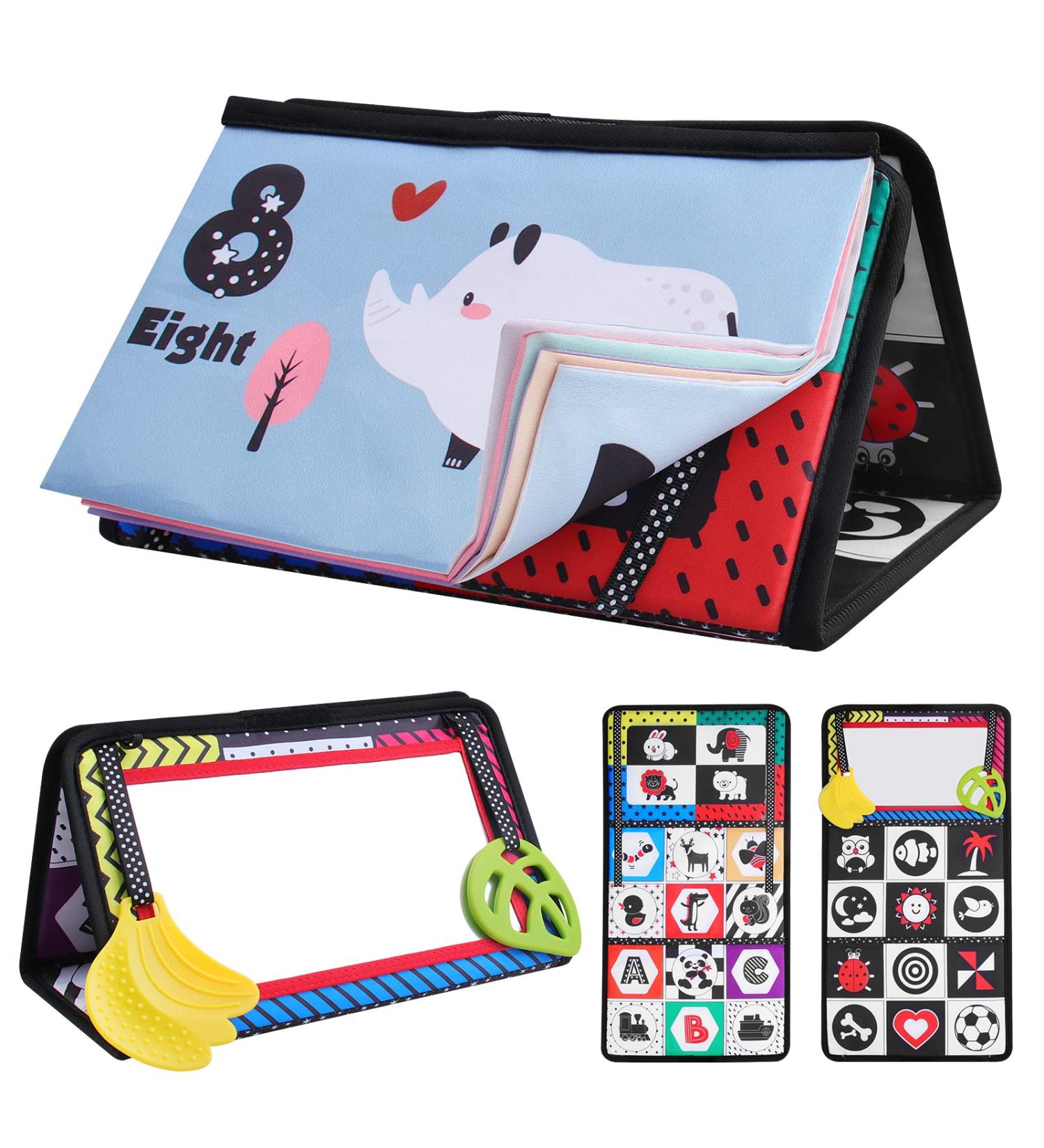 Baby Floor Mirror Flip with Cloth Book and Teethers | Montessori Sensory Toys for Newborns and Infants | High Contrast Black & White Developmental Toy | Perfect Gift for Babies 0-12 Months - Buy Online on GoSupps.com