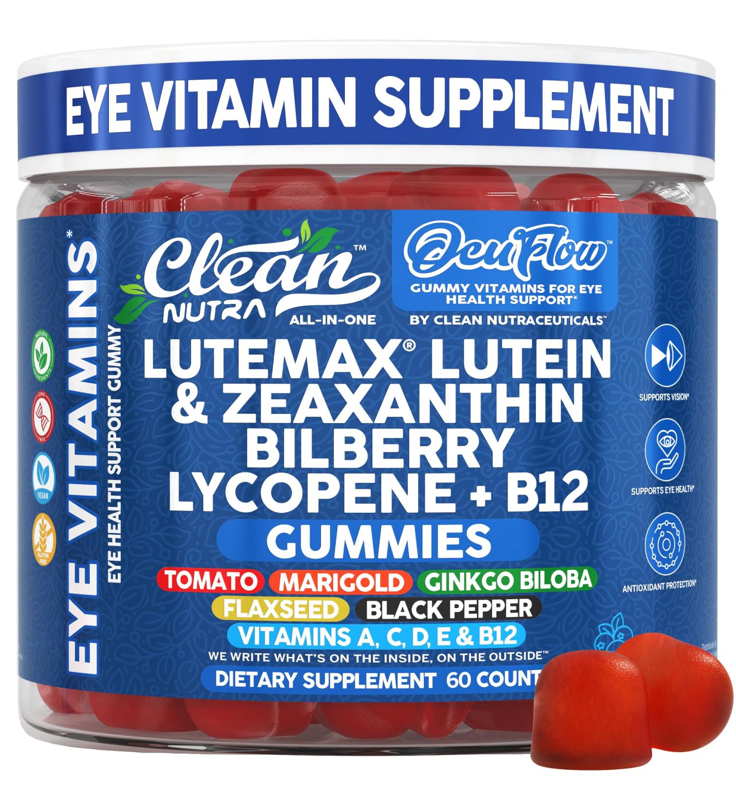 Clean Nutra Lutein and Zeaxanthin Eye Vitamins Gummies + Bilberry for Eyes Vision Support Ginkgo Biloba Marigold Vitamin B12 Flaxseed Black Pepper CoQ10 Vitamin A l 60 Count B OcuFlow - Buy Online on GoSupps.com