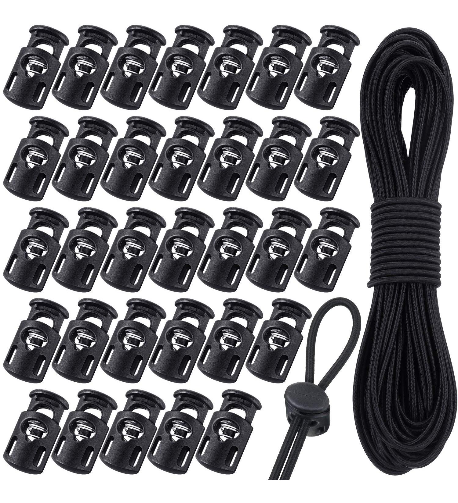50 Pieces Cord Locks Spring Toggles Stoppers + 66 Ft Elastic Bungee Cord - Classic Style Black - Buy Online on GoSupps.com