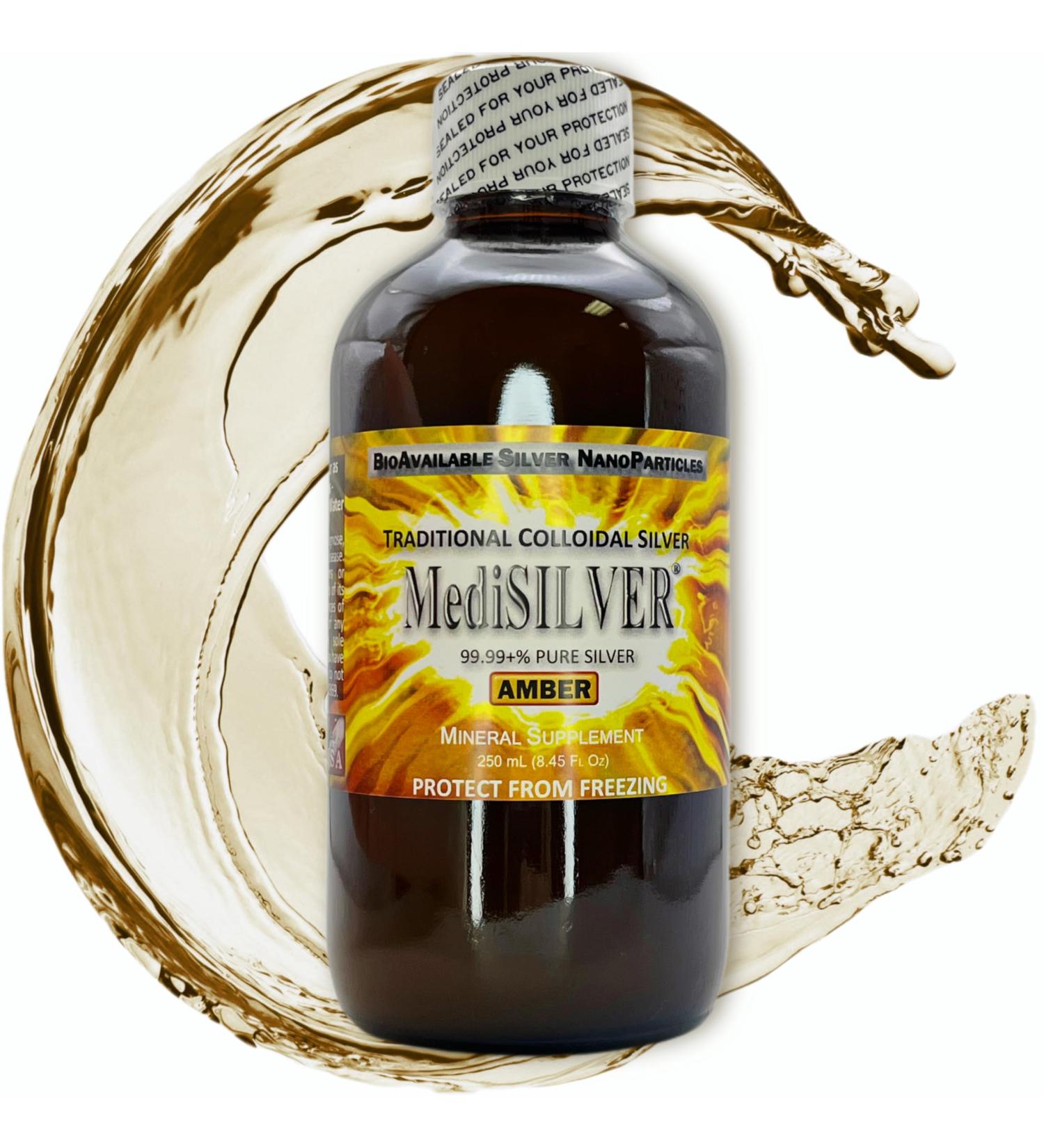 MediSILVER Amber Colloidal Silver Supplement - 250 mL Dietary Health Boost in Glass Bottle | International Shipping Available - Buy Online on GoSupps.com