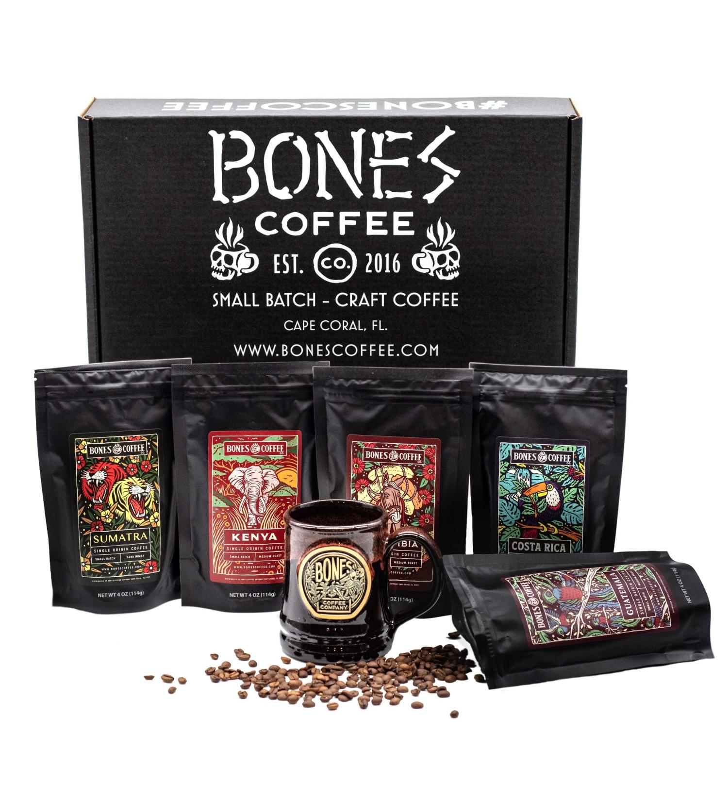 Bones Coffee Company World Tour Sample Pack with Specialty Mug | Pack of 5 Single-Origin Ground Coffee Beans - Medium Roast | Specialty Coffee Beverages - Buy Online on GoSupps.com