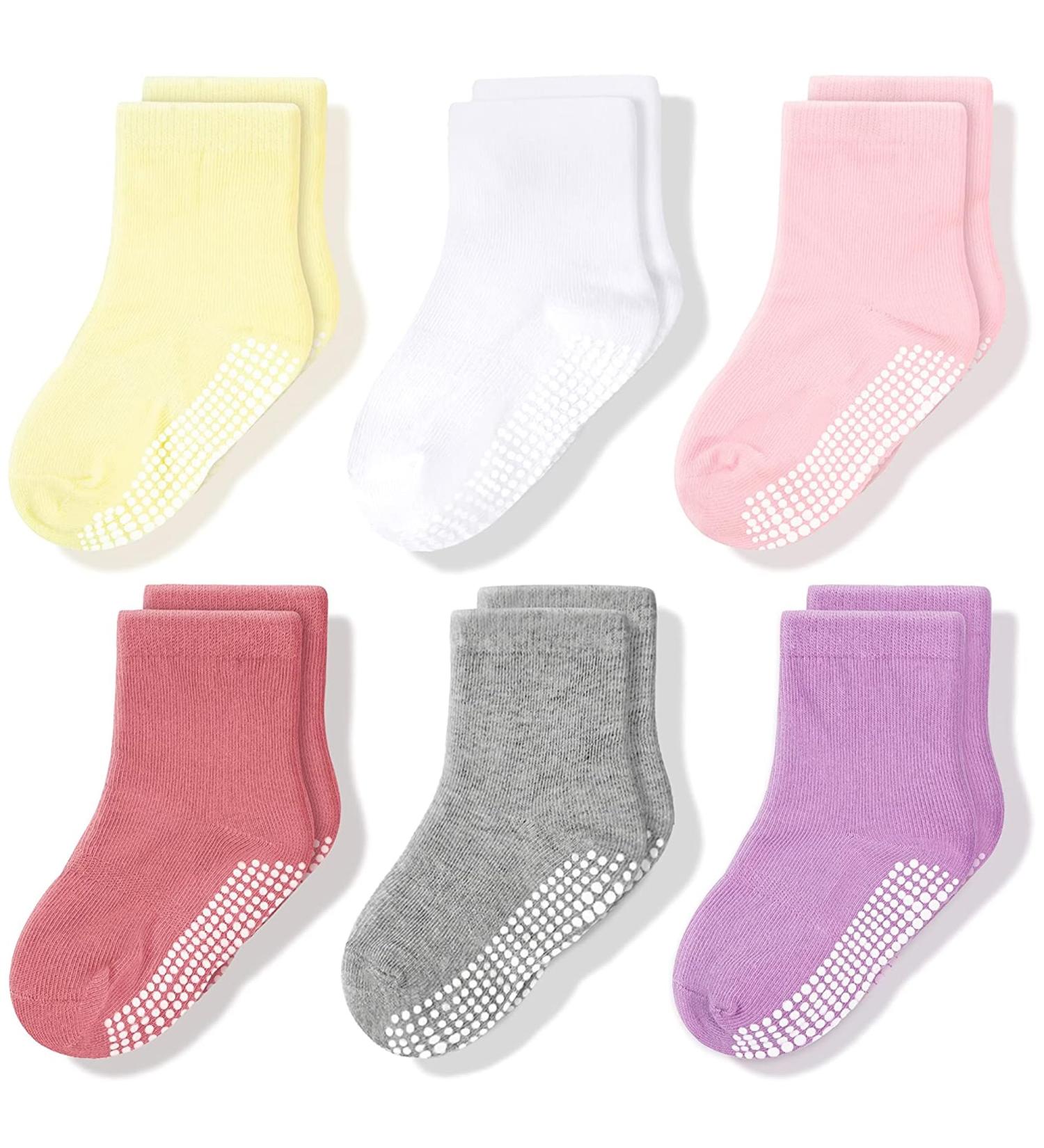 CozyWay Kids Non-Slip Cotton Crew Socks - 6 Pairs, 3-5 Years, Anti-Skid with Grips - Boys & Girls Stripe & Solid Colors - Buy Online on GoSupps.com