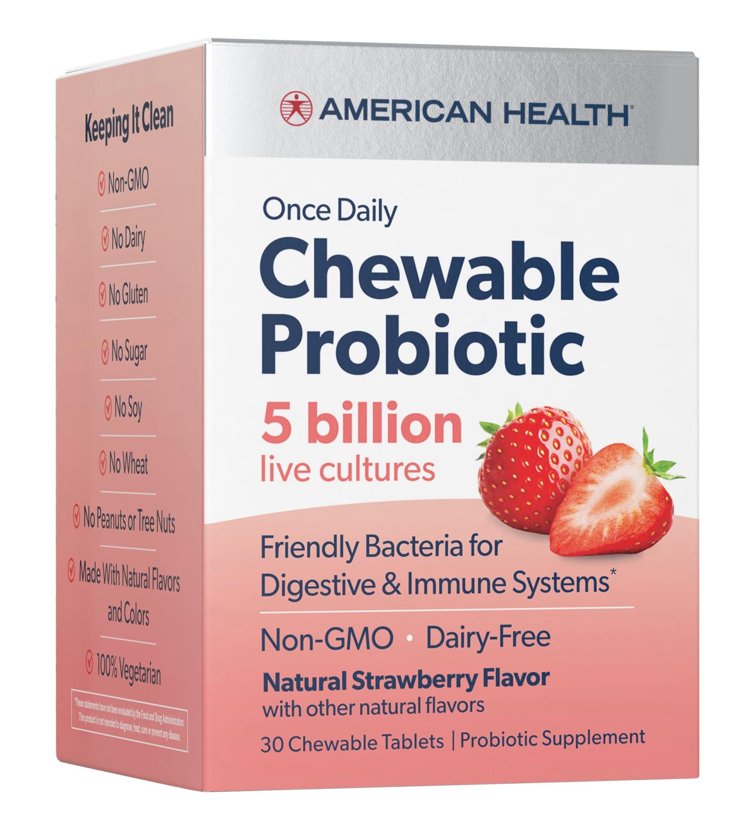 American Health Once Daily Chewable Probiotic - Natural Strawberry, 5 Billion CFU, 30 Tablets - Buy Online on GoSupps.com