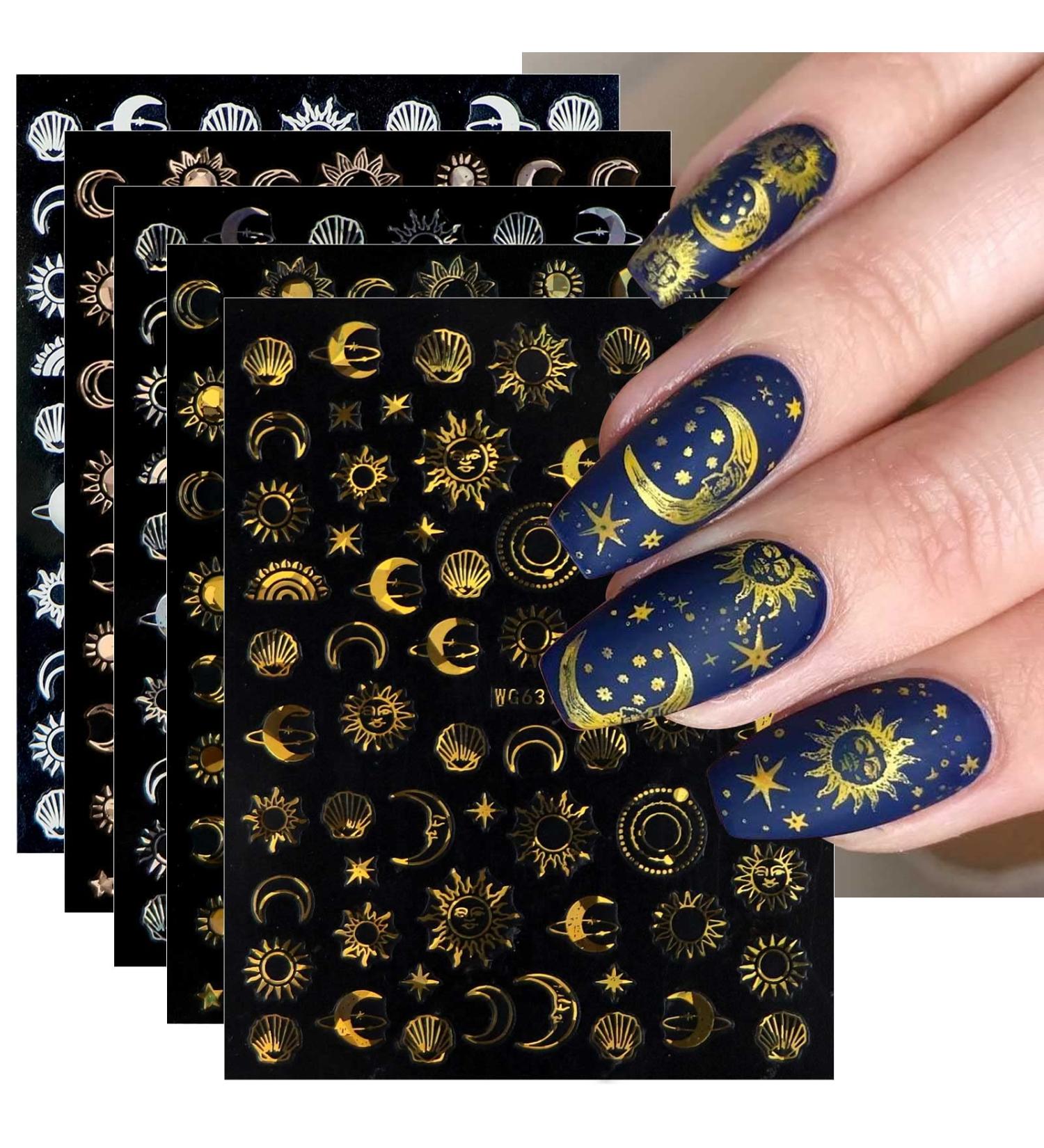 10 Sheets Moon Star Sun Nail Art Stickers Decals - Self-Adhesive Nail Supplies for Colorful Rose Gold Designs - Buy Online on GoSupps.com
