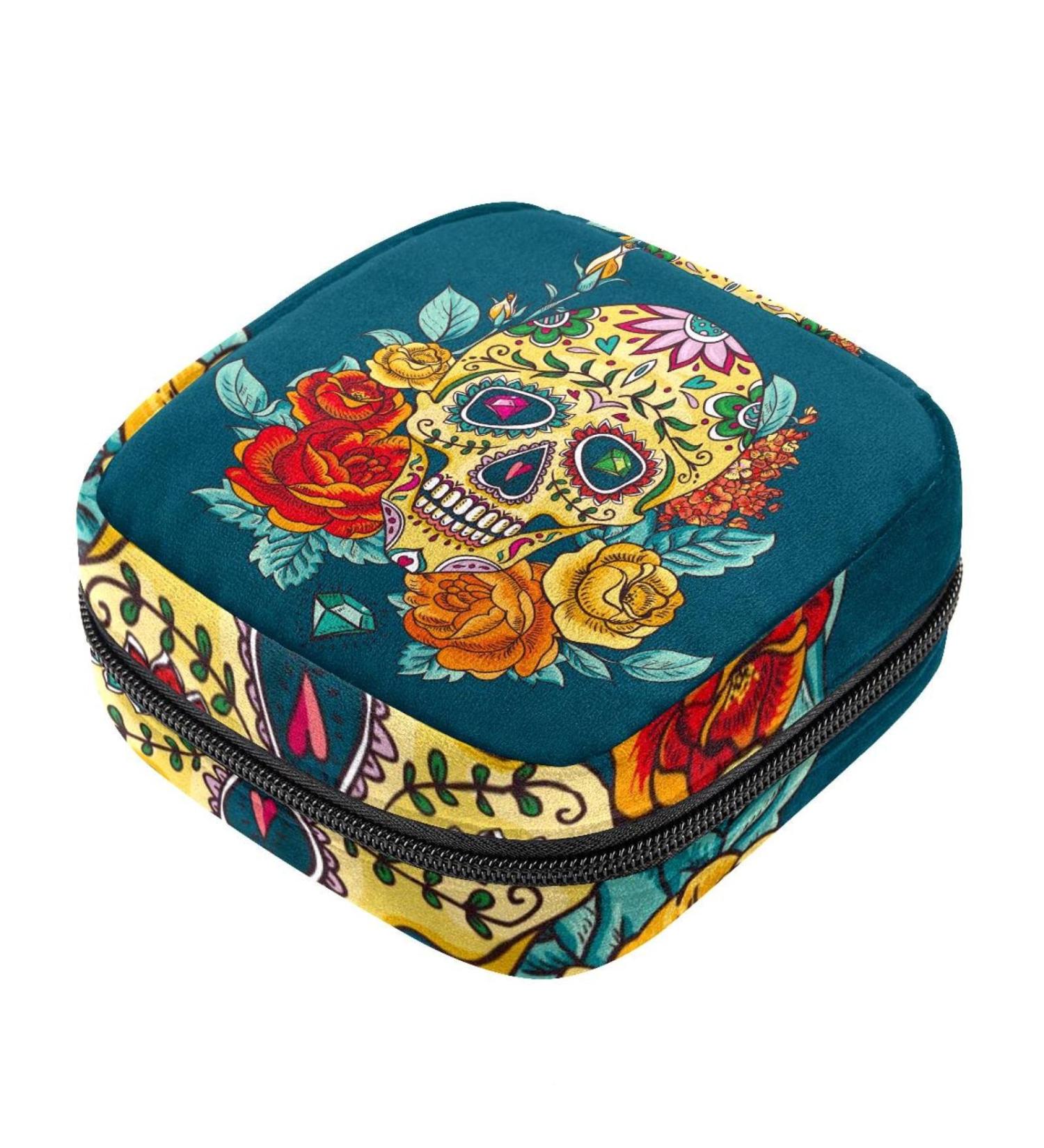 Stylish Menstruation Pad Bag with Zipper | Women's Tampon & Napkin Bag | Day of the Dead Collection - Buy Online on GoSupps.com