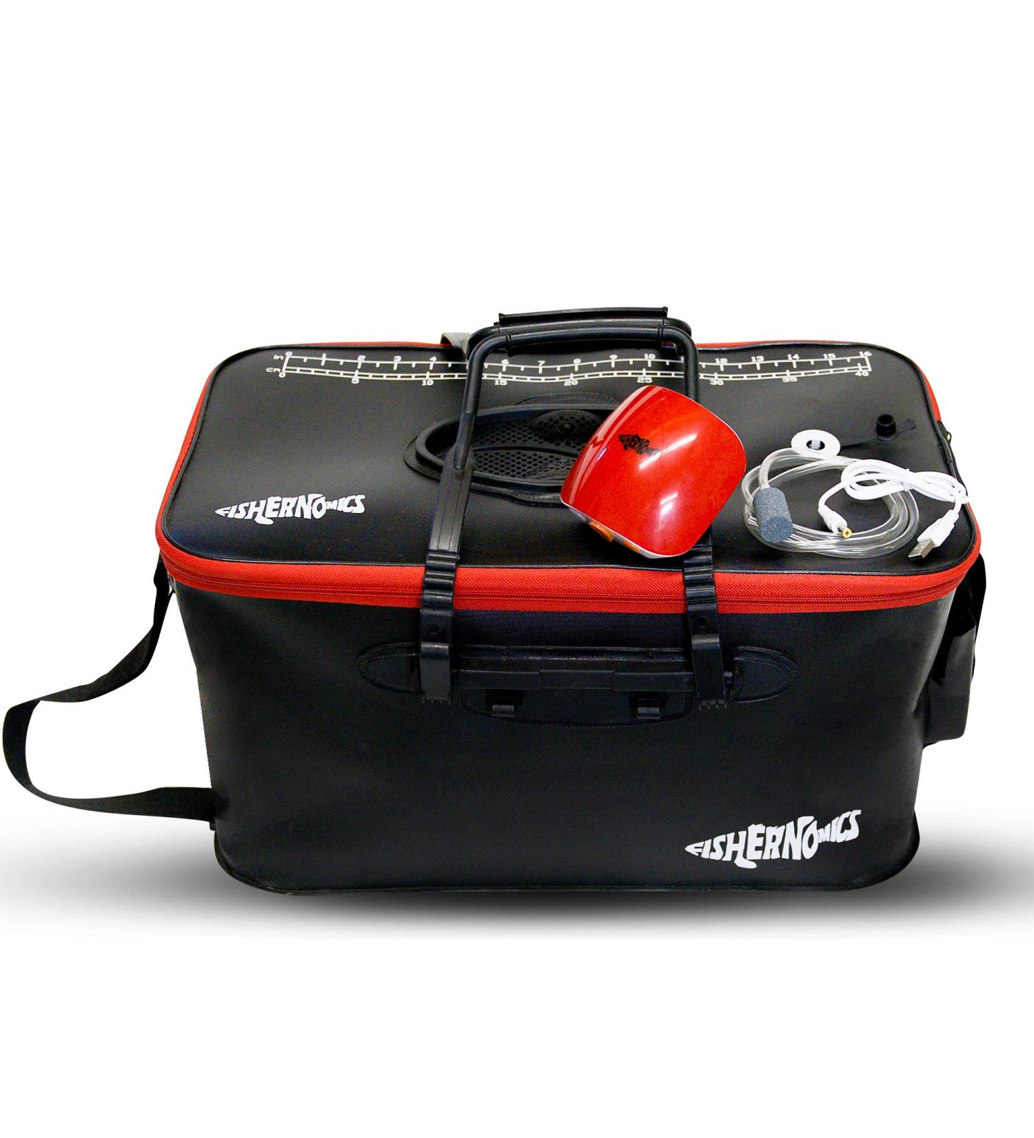 Fishernomics Collapsible Fishing Bucket Livewell | Large Live Fish & Bait Container with USB Rechargeable Oxygen Pump - Black/Red - Buy Online on GoSupps.com