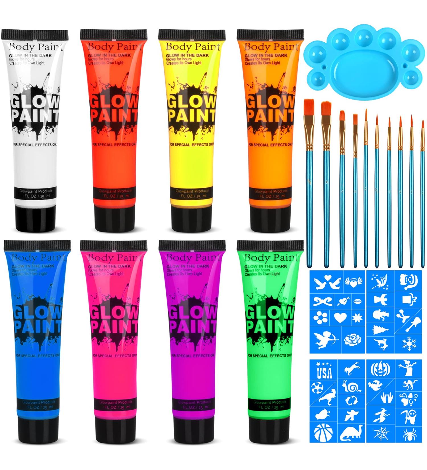UV Glow Blacklight Neon Face and Body Paint - 8 Tubes 0.84oz - Neon Fluorescent Glow in Dark Body Paints for Parties - Buy Online on GoSupps.com