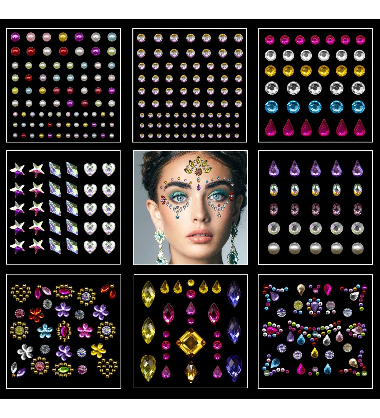 8 Sheets Self-Adhesive Rhinestone Face Jewels for Makeup, Crafts, and Nail Art - Festival and Carnival Fairy Style Rhinestone Stickers - Buy Online on GoSupps.com