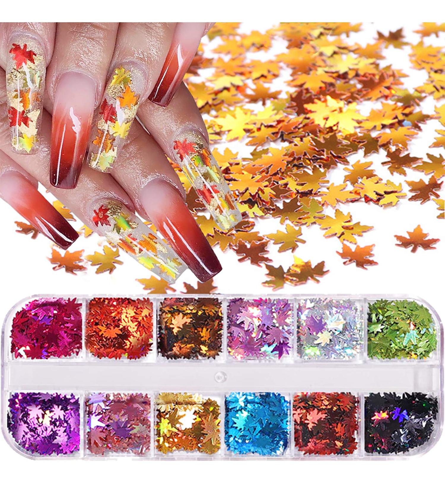 Autumn Nails Glitter Sequin - 12 Colors 3D Holographic Nail Decoration with Maple Leaf Gold Stickers | Sparkle Your Nails this Fall - Buy Online on GoSupps.com