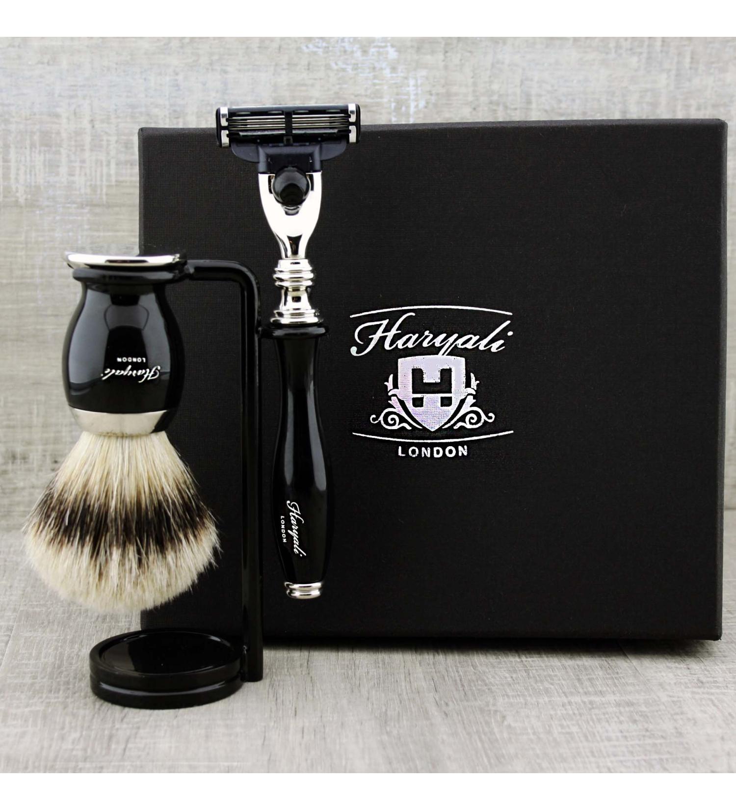 Premium Men's Shaving Set - 3-Piece Badger Hair Brush with Stand & Holder | Elegant Black Design - Buy Online on GoSupps.com
