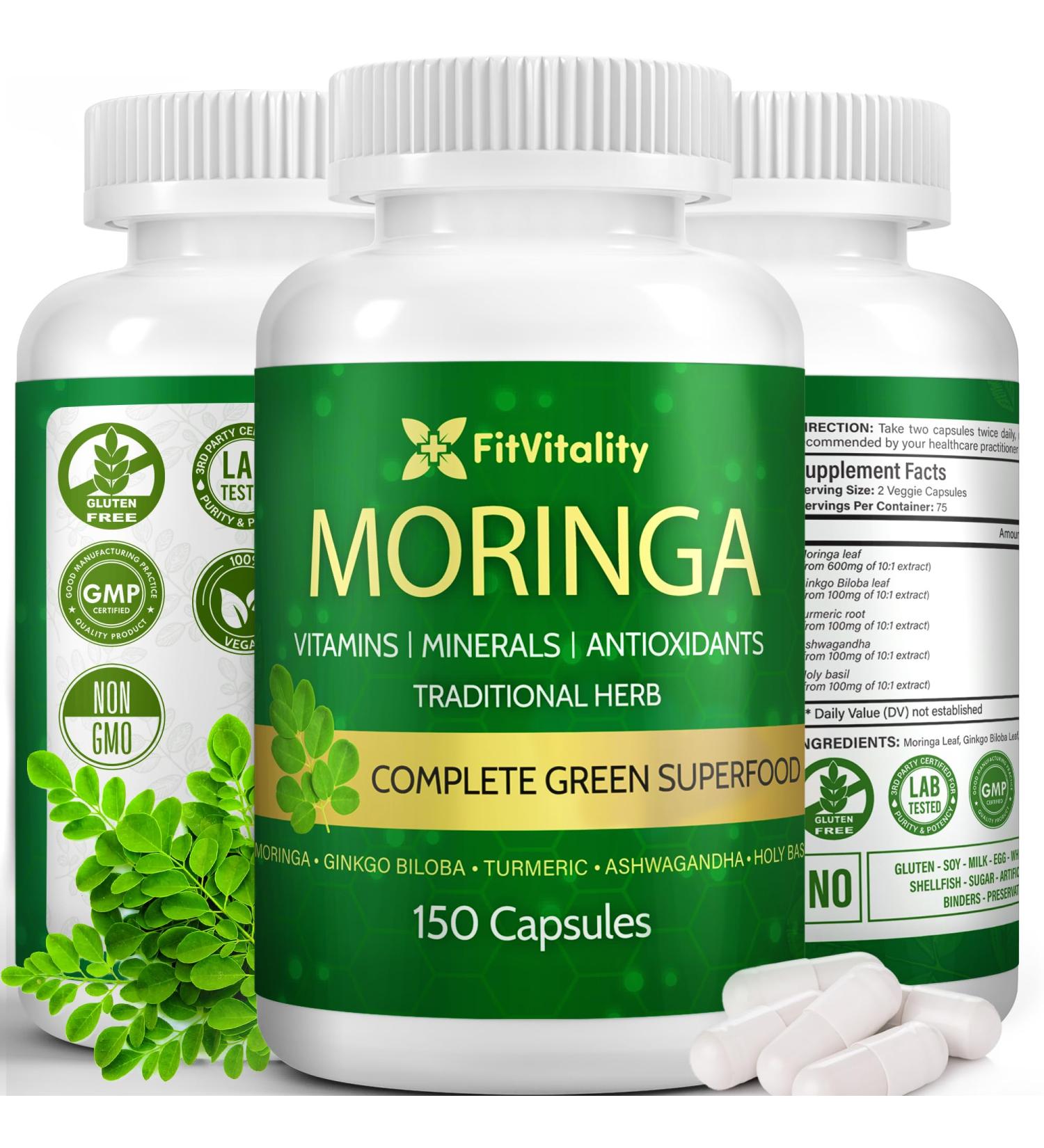 150 Veggie Moringa Premium Capsules Moringa Leaf Ginkgo Biloba Leaf Turmeric Extract Ashwagandha & Tulsi Holy Basil 100% Natural Herbal Blend. Premium Moringa 150 Count (Pack of 1) - Buy Online on GoSupps.com