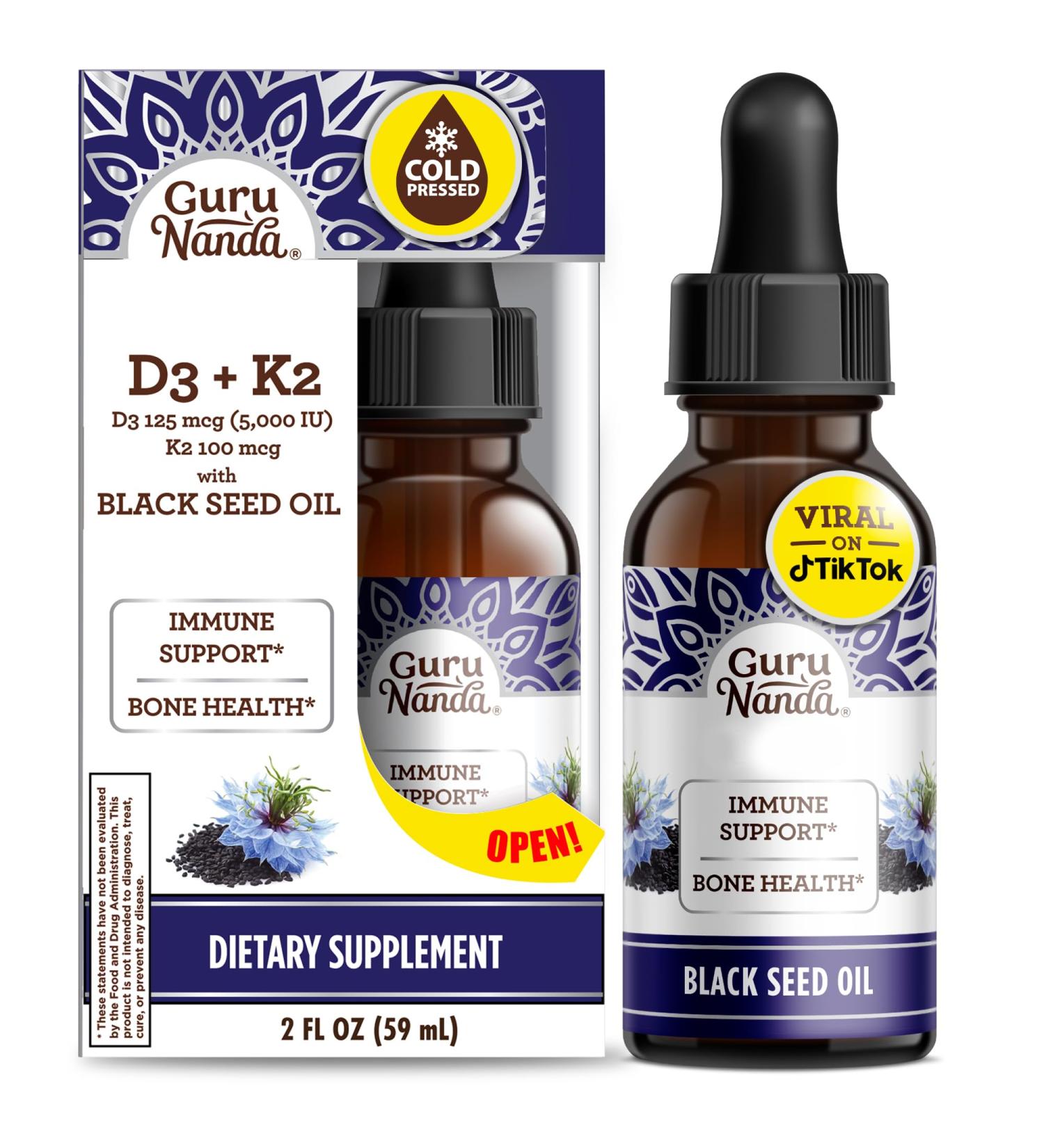 GuruNanda Black Seed Oil Cold-Pressed Nigella Sativa - Rich in Vitamin D3 5000 Units K2 & E High Thymoquinone | Potent Antioxidant for Immune Support Non-GMO 2 Fl.oz 2 Fl Oz (Pack of 1) Seed Oil - Buy Online on GoSupps.com