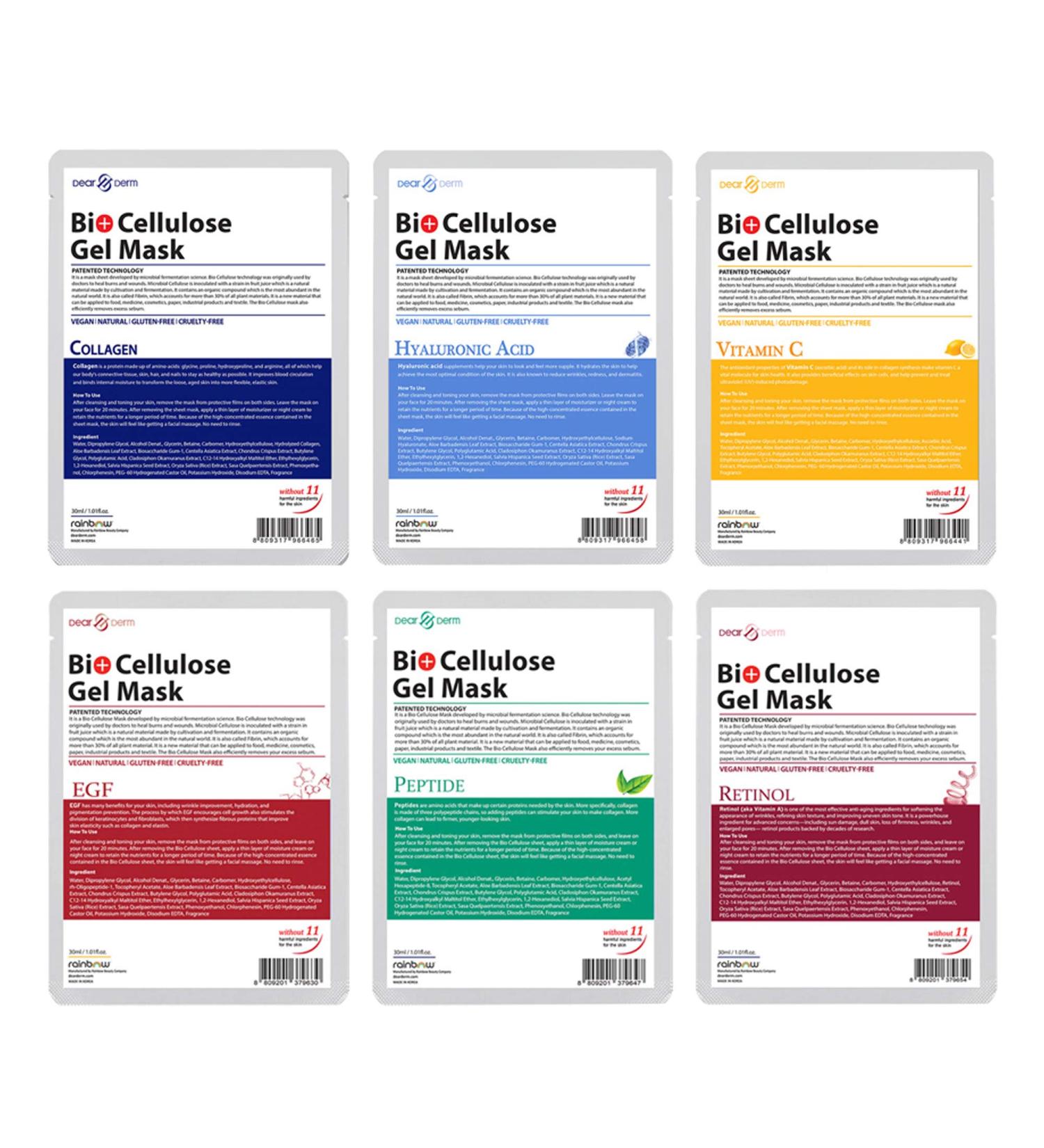 6 Assorted Bio Cellulose Gel Masks - Collagen EGF Hyaluronic Acid Peptide Retinol & Vitamin C | Shop Hydrating Face Masks Internationally - Buy Online on GoSupps.com