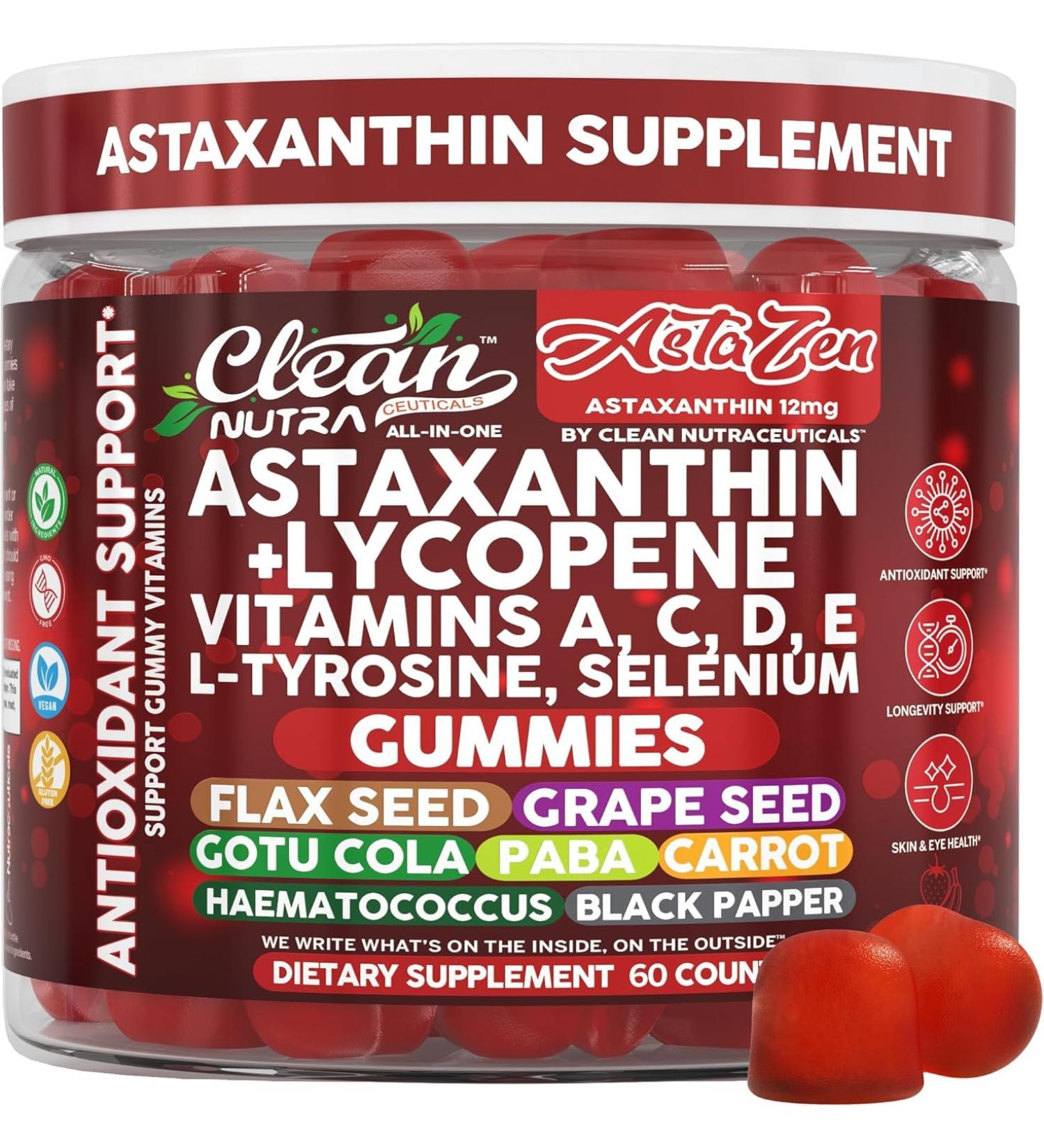 Clean Nutra AstaZen Astaxanthin Complex Gummies 12mg w/Lycopene Pure Vitamin A C D E L-Tyrosine Selenium Premium Berry Banana Eye Skin Immune Support Supplement 60 Count - Buy Online on GoSupps.com