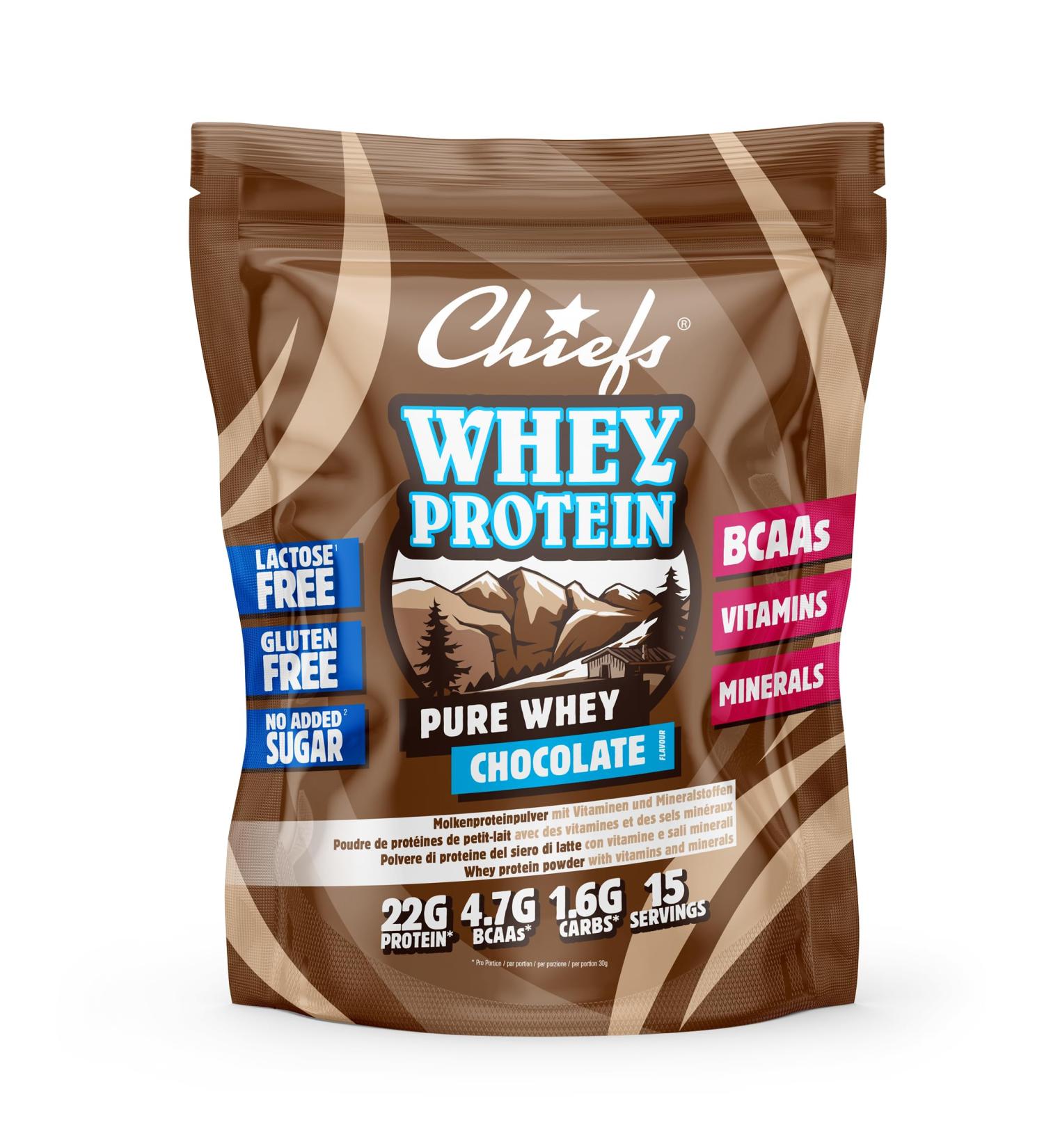 Chiefs Whey Protein Powder - Chocolate 450g | 22g Protein BCAAs Low Sugar Lactose-Free | Ideal for Muscle Building & Perfect Solubility - Buy Online on GoSupps.com