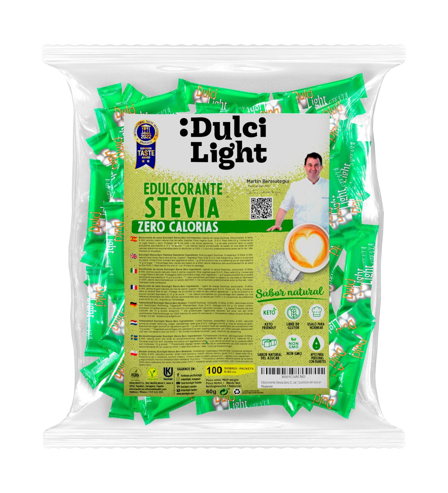 Dulci Light Stevia Sweetener - 100 Calorie-Free Bags | Natural Sugar Substitute for Drinks & Food - Shop Internationally! - Buy Online on GoSupps.com