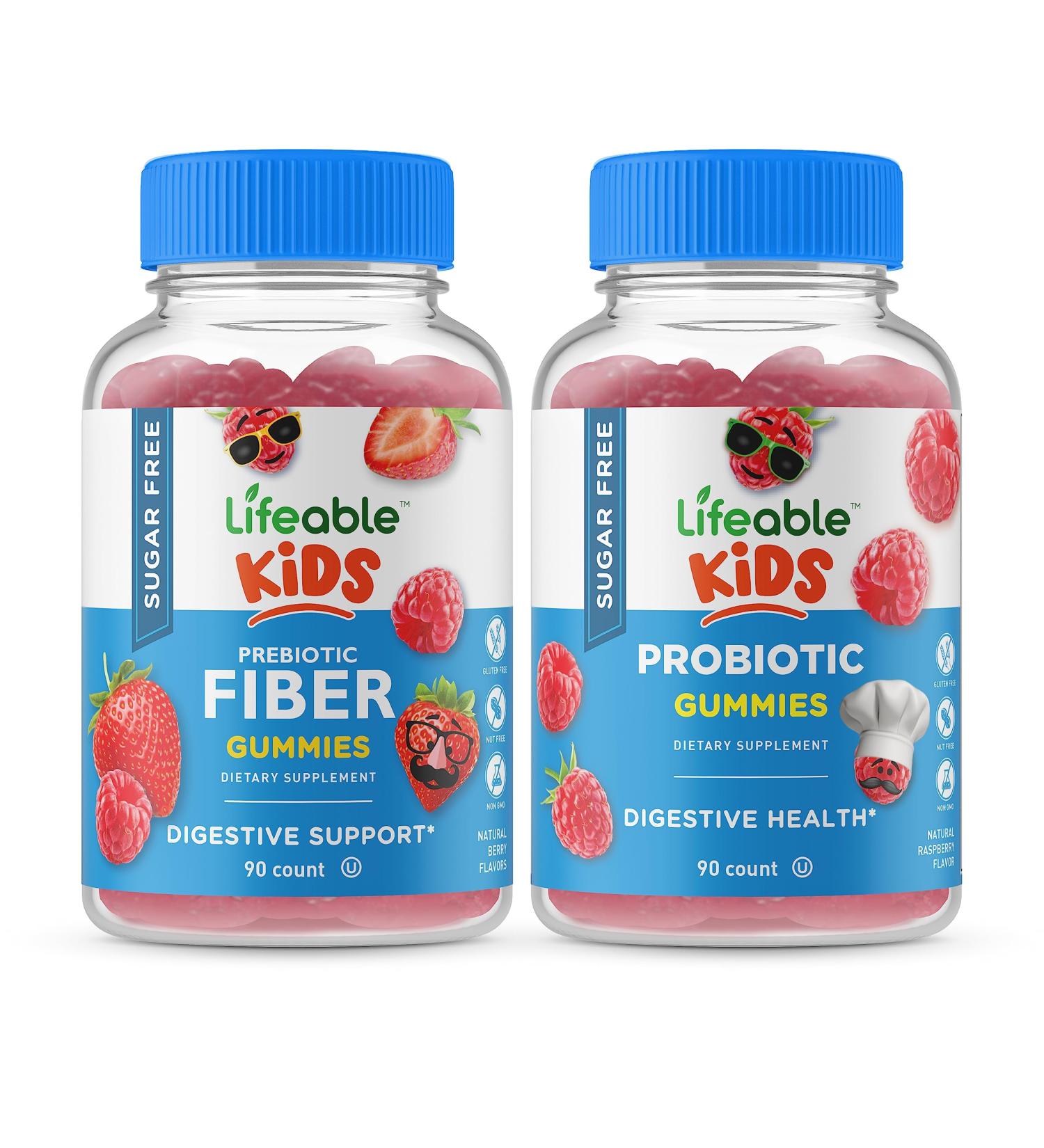 Lifeable Sugar Free Kids Gummies Bundle - Fiber + Probiotics Vitamin Supplement | Gluten & GMO Free - Buy Online on GoSupps.com