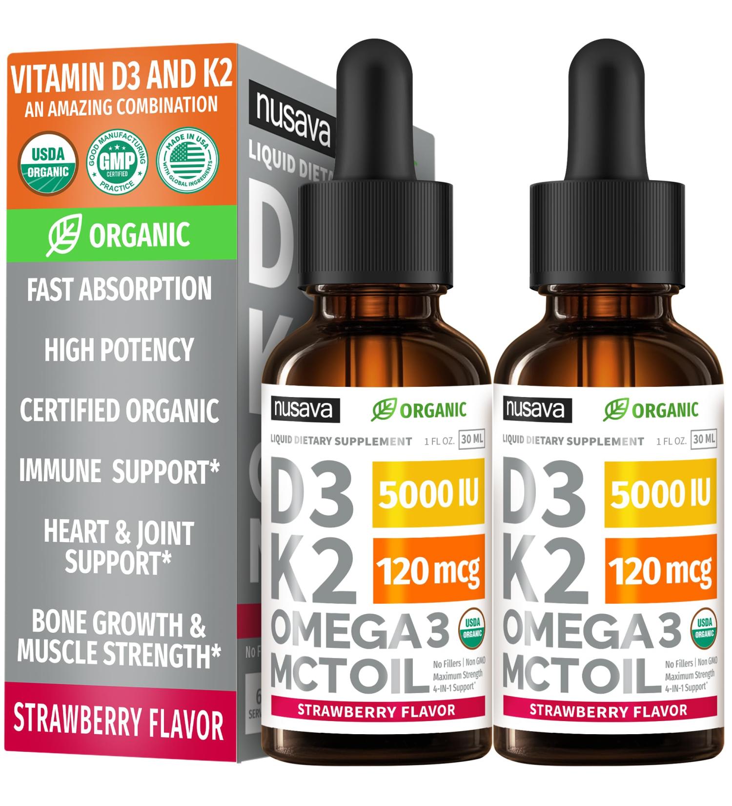 (2 Pack) Organic Vitamin D3 K2 Drops 5000 IU with MCT Oil Omega 3 - Maximum Strength Liquid D3 with No Fillers Non-GMO for Faster Absorption Immune Support (Strawberry 2 Fl Oz) Strawberry 1 Fl Oz (Pack of 2) - Buy Online on GoSupps.com