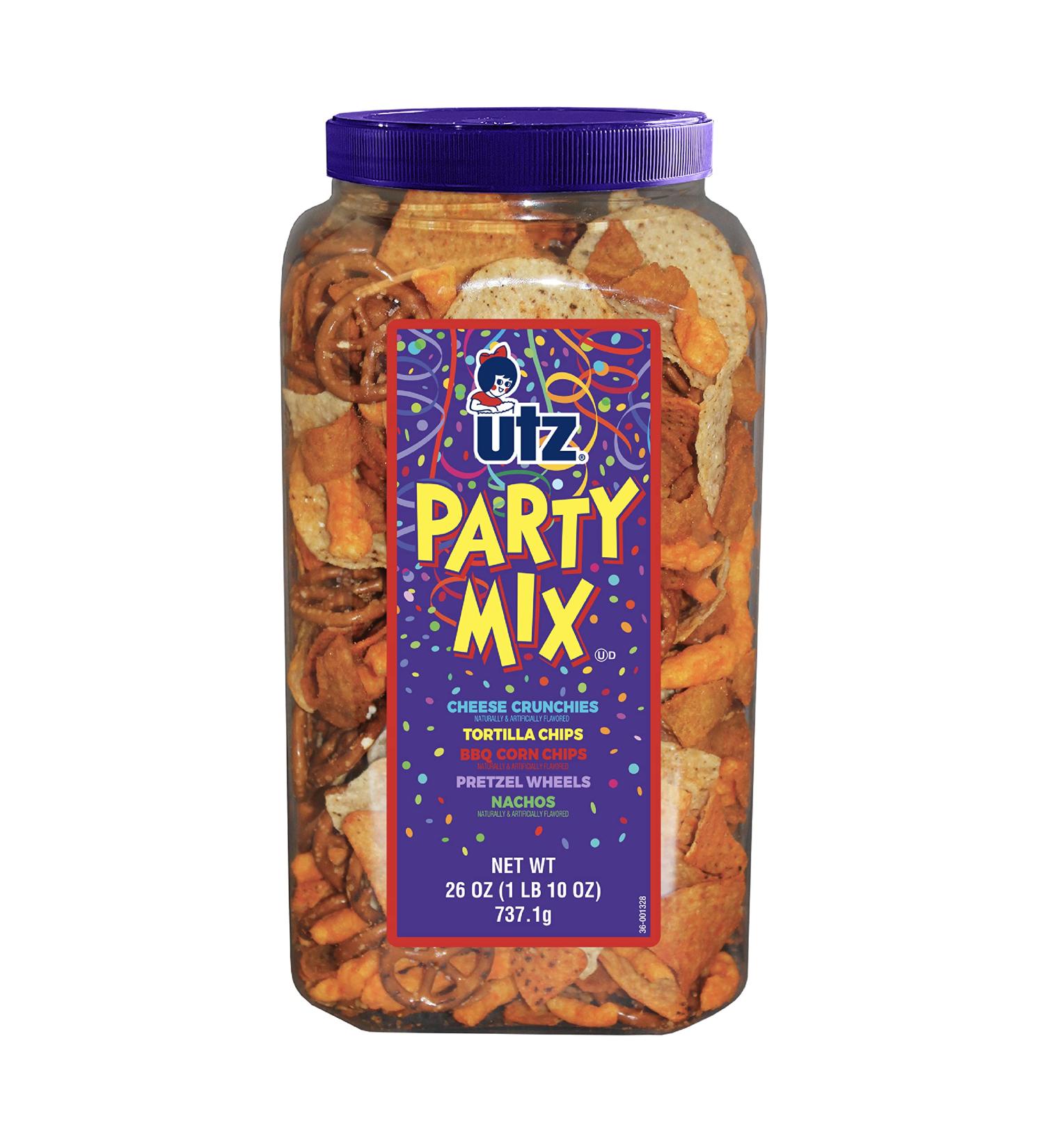 Utz Party Mix Barrel - 26oz | Corn & Nacho Tortillas, Pretzels, BBQ Chips & Cheese Curls | Easy & Quick Snack | Cholesterol & Trans-Fat Free - Buy Online on GoSupps.com
