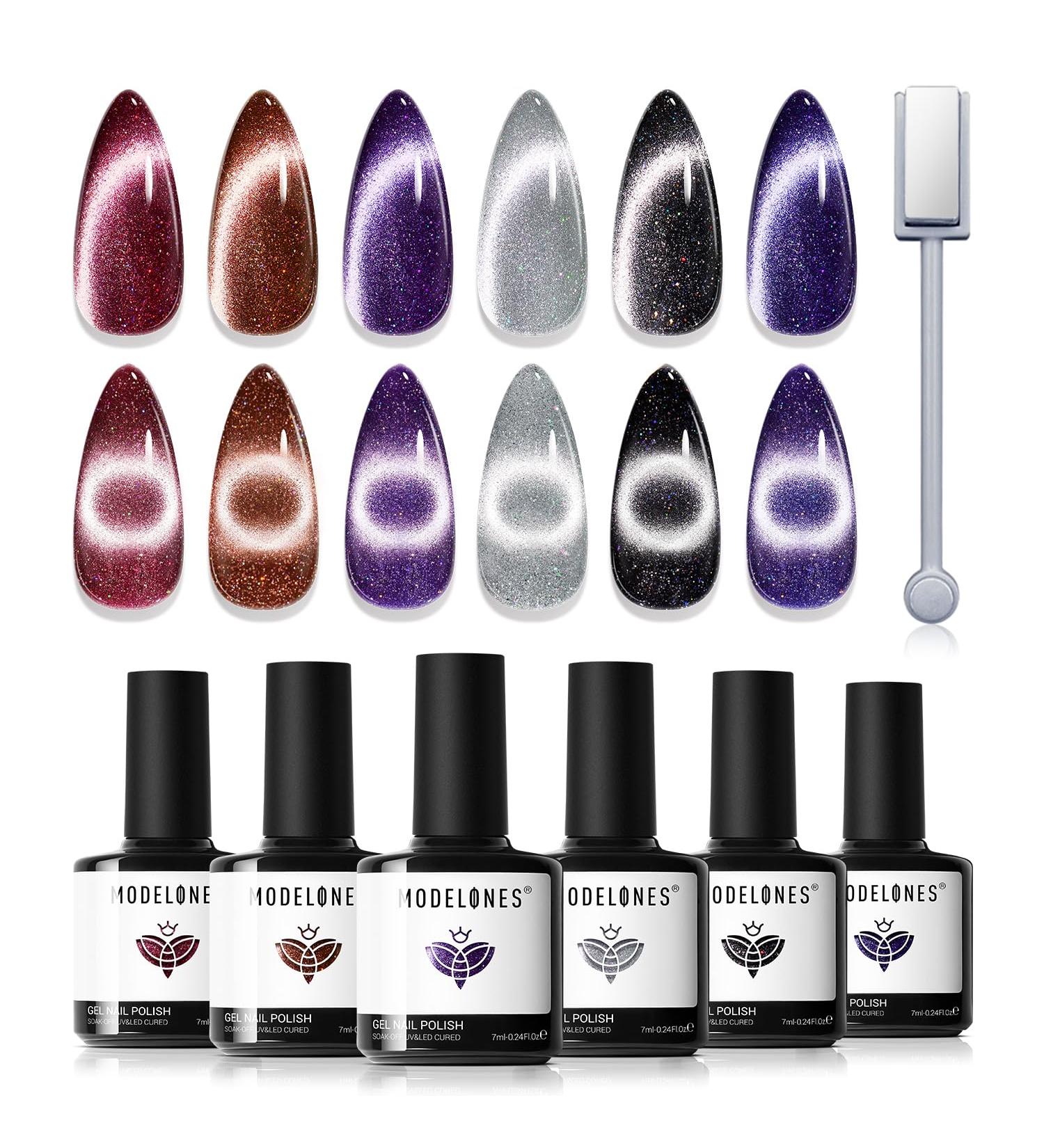 Modelones Cat Eye Gel Nail Polish Set 6 Colors Holographic Black Red Purple Silver Brown Gel Polish Glitter 9D Magnetic Gel Polish Blue Winter Gel Polish with Magnet Nail Art DIY Salon For Women - Buy Online on GoSupps.com