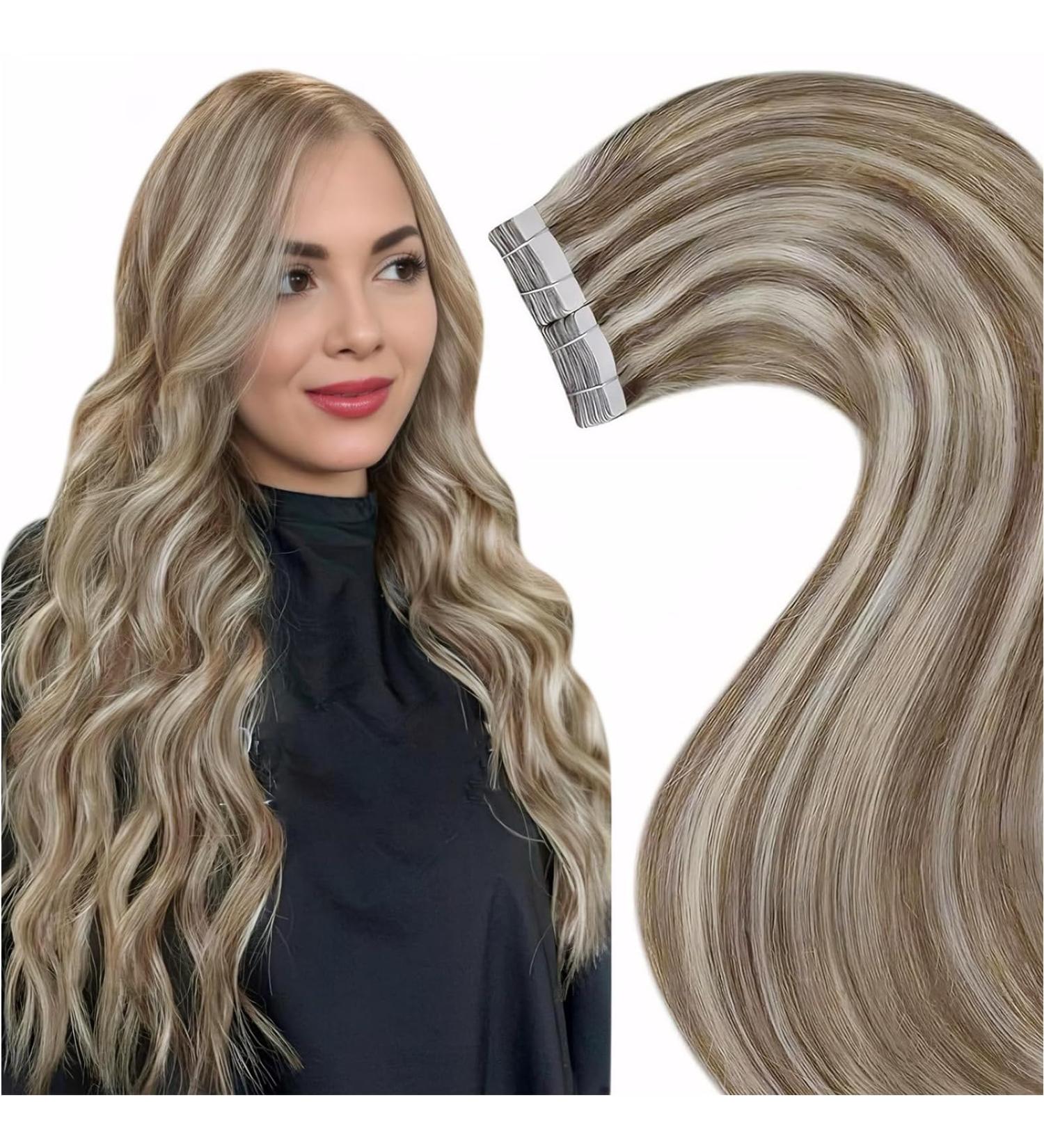 Laavoo Real Hair Tape Extensions - 50cm Brown Highlight Remy Hair - 20PCs #P8/24 for Stunning Volume & Length - Buy Online on GoSupps.com
