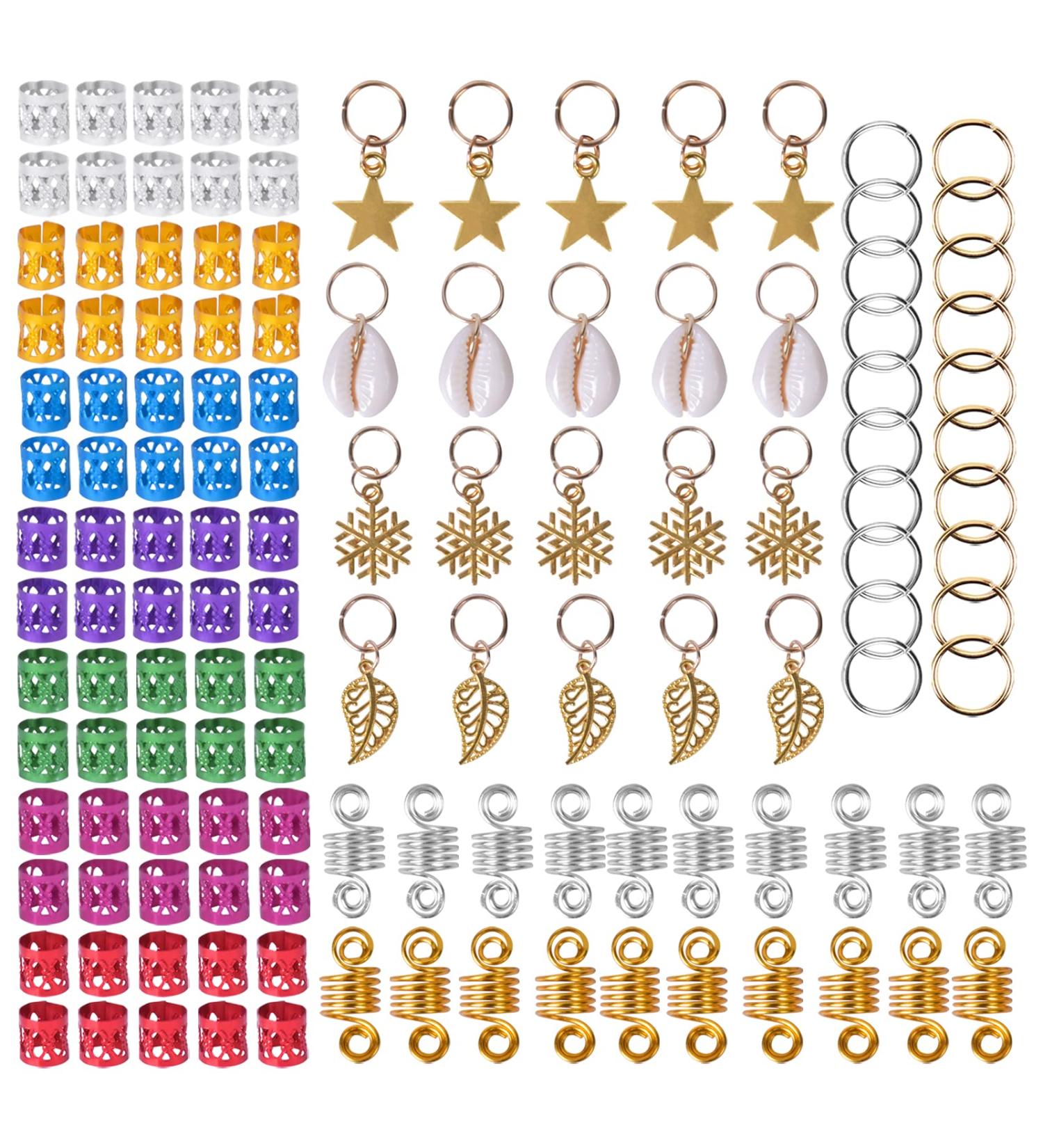 Jinlaili Dreadlocks Hair Rings Colorful 130 Pieces Hair Braid Rings Hair Cuffs Multi-Color Hair Pendants Aluminum Golden Hair Accessories Cute Hair Pendants Leaves Stars Snowflakes and Shell - Buy Online on GoSupps.com