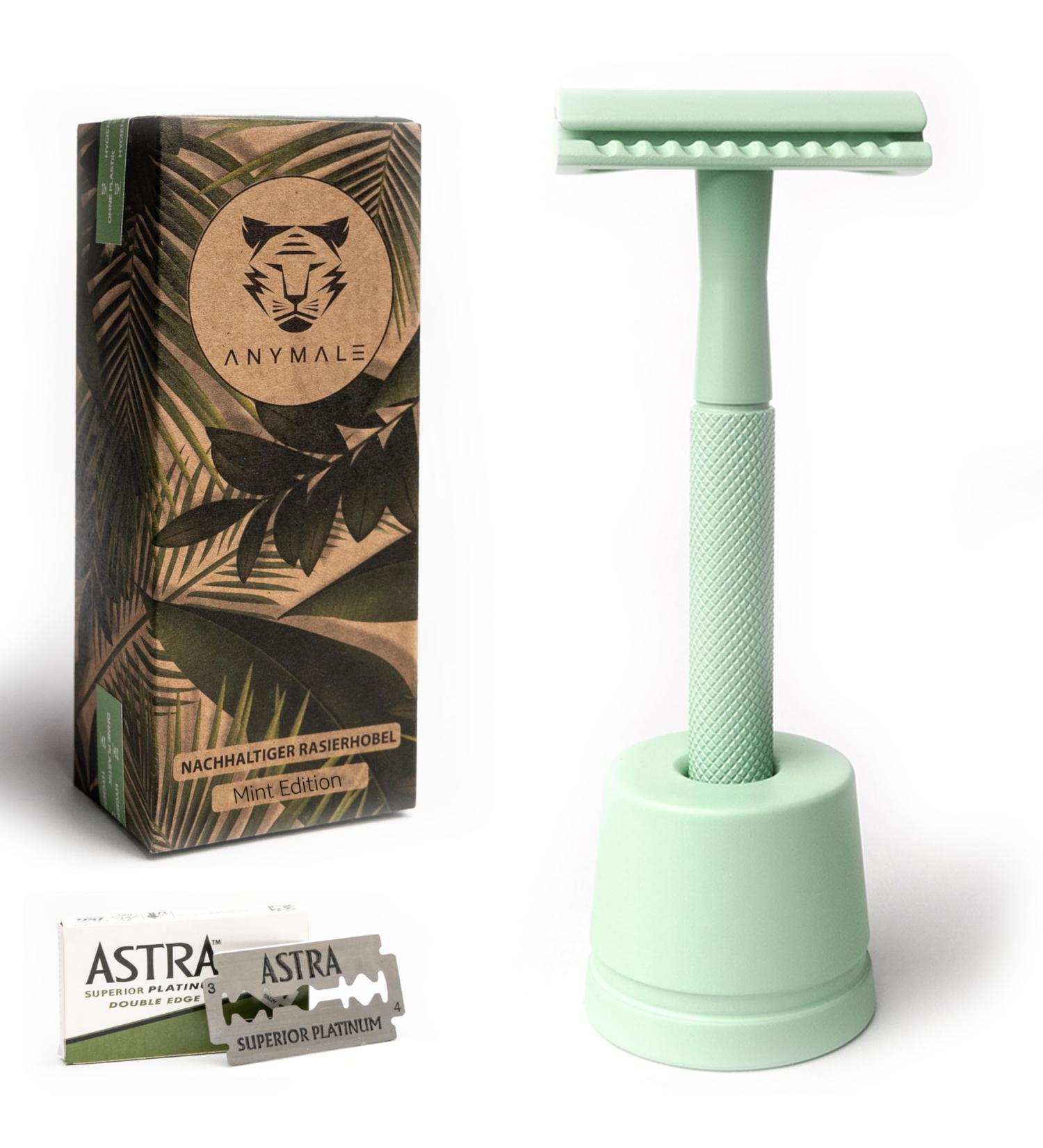 Anymale Plastic-Free Mint Razor Plane Set Eco-Friendly Wet Razor for Men & Women with Stand & 5 Astra Blades Mint Green - Buy Online on GoSupps.com