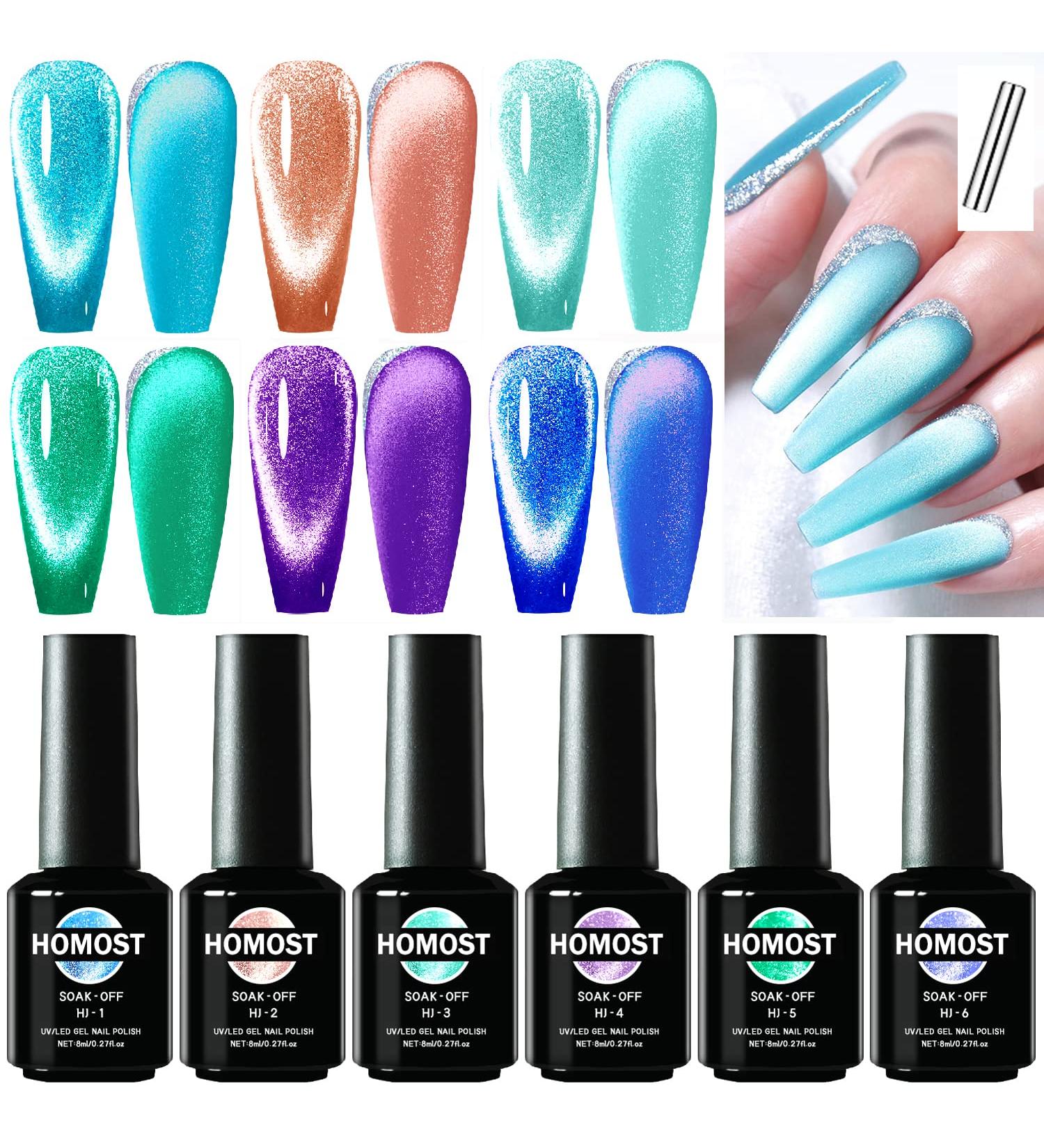 HOMOST Cat Eye Gel Nail Polish Set - 6 Sparkling Sea Blue Colors with Diamond Effect - Buy Online on GoSupps.com