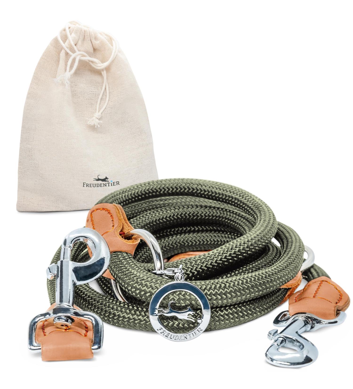 Freudenier Dog Leash for Large Dogs - 2m 3-Fold Durable Nylon with Stylish Brown Leather | Forest Green - Buy Online on GoSupps.com