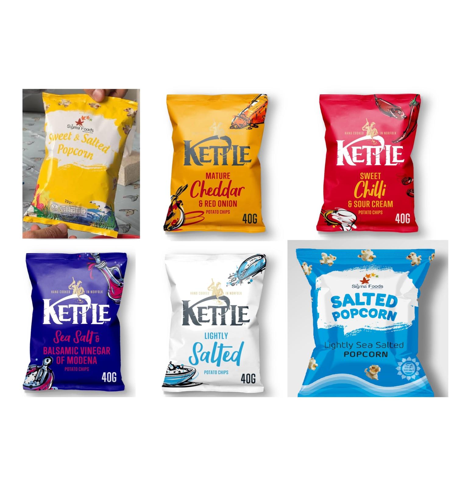 Kettle Hand cooked Crisps Premier Potato Chips Light salted Cheddar & Red Onion Sea Salt & Vinegar Black Pepper and Sweet Chilli Sour Cream 40g x 18 Packs - Buy Online on GoSupps.com