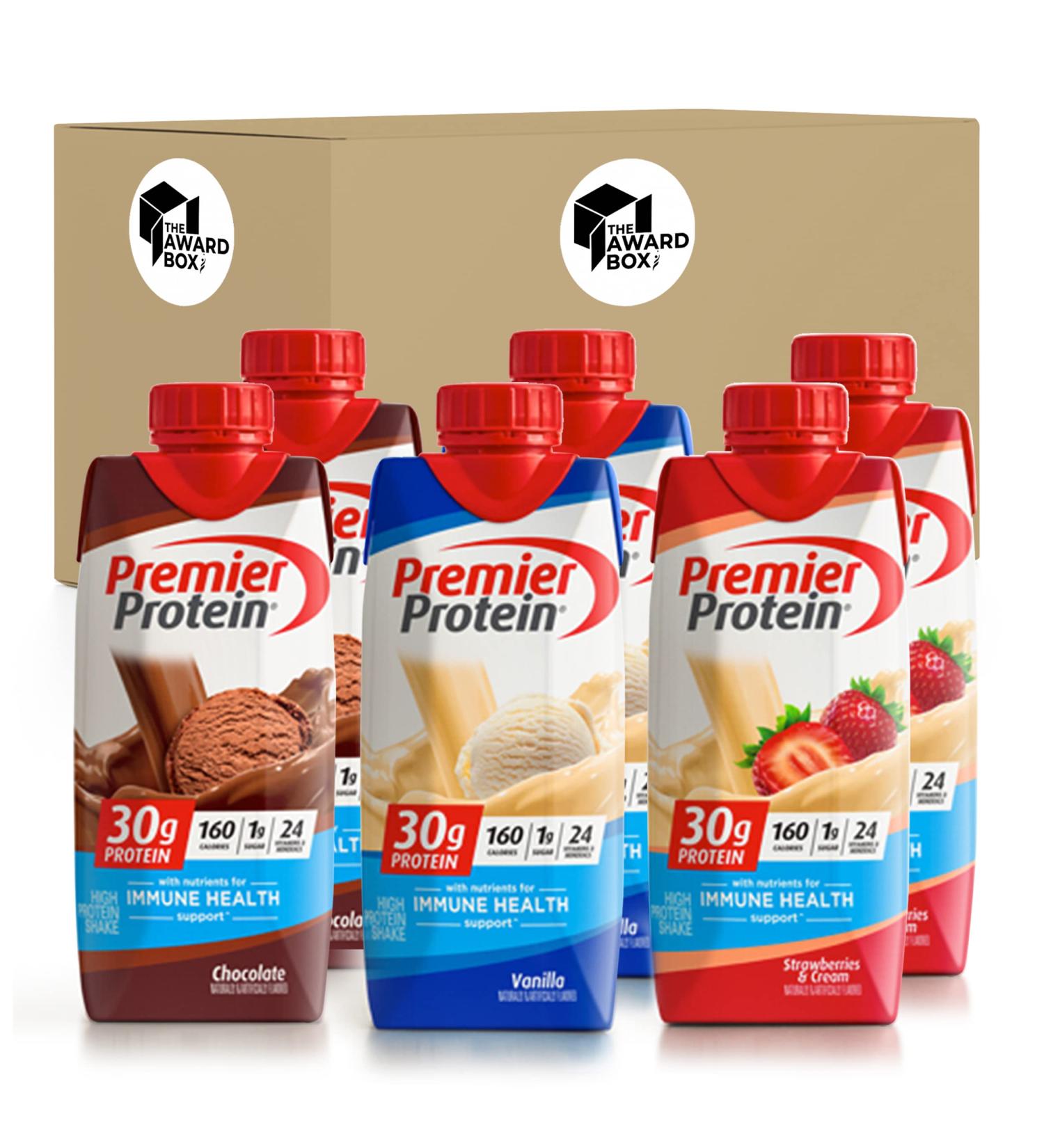 Premier Protein High Protein Shakes Variety Pack - 11 Fl. Oz Each | Award Box Packaging | 2 Chocolate, 2 Vanilla, 2 Strawberry - Buy Online on GoSupps.com
