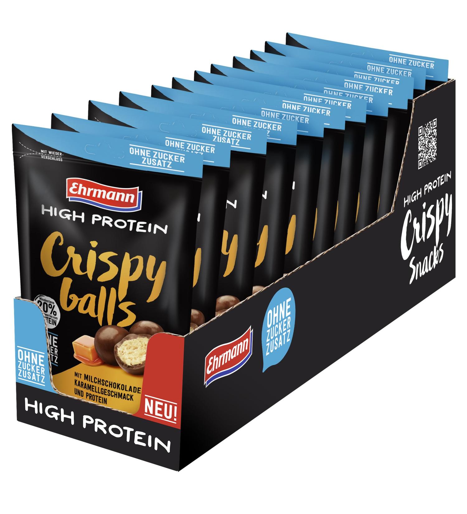 Ehrmann High Protein Crispy Balls | Sugar-Free Milk Chocolate Caramel | Fairtrade Cocoa | 12 x 55g - Buy Online Internationally - Buy Online on GoSupps.com