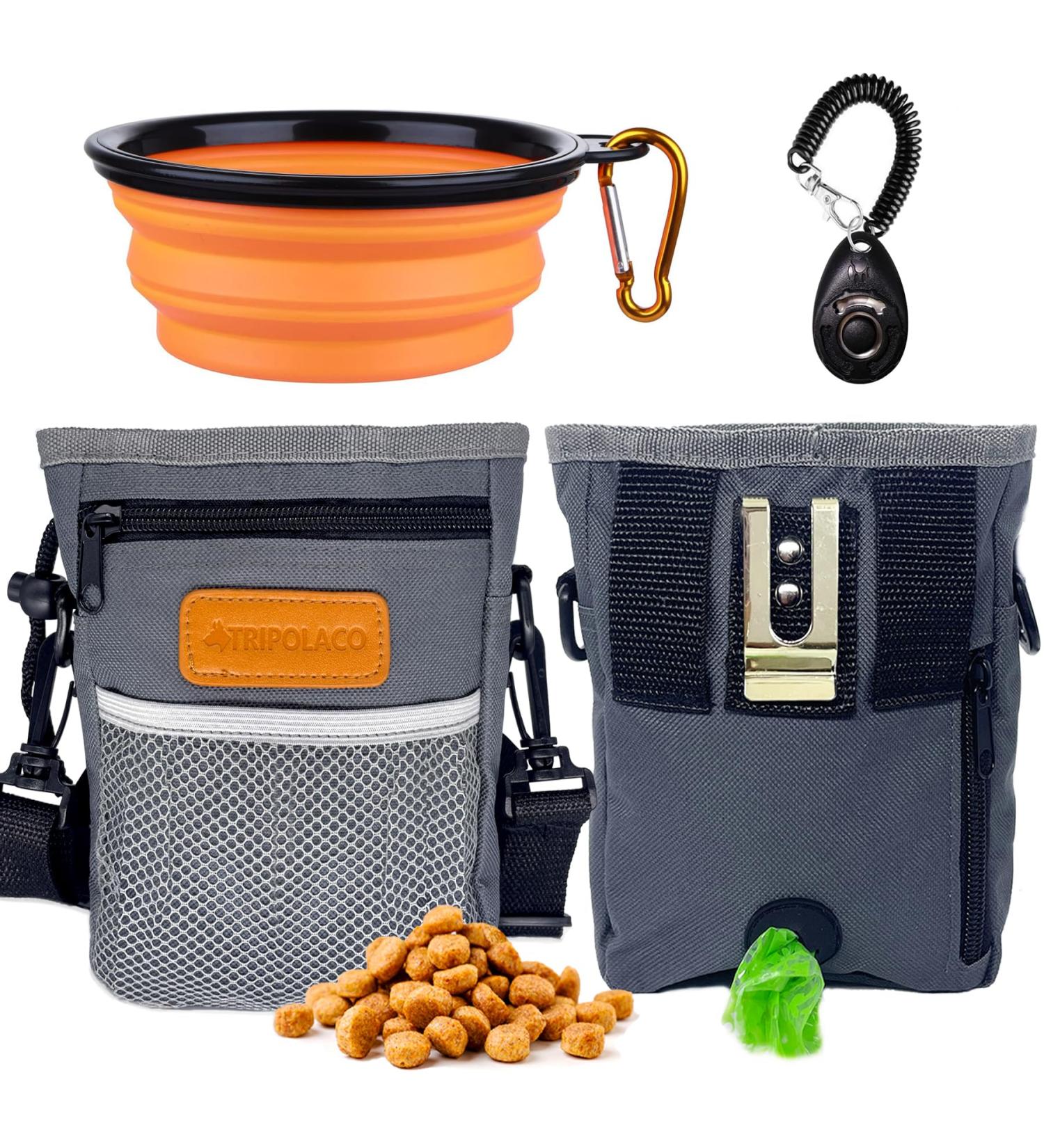 Tripolaco Versatile Dog Treats | Pet Training 2-Cup Capacity Integrated Feces Bag Dispenser & Clicker - Light Gray - Buy Online on GoSupps.com