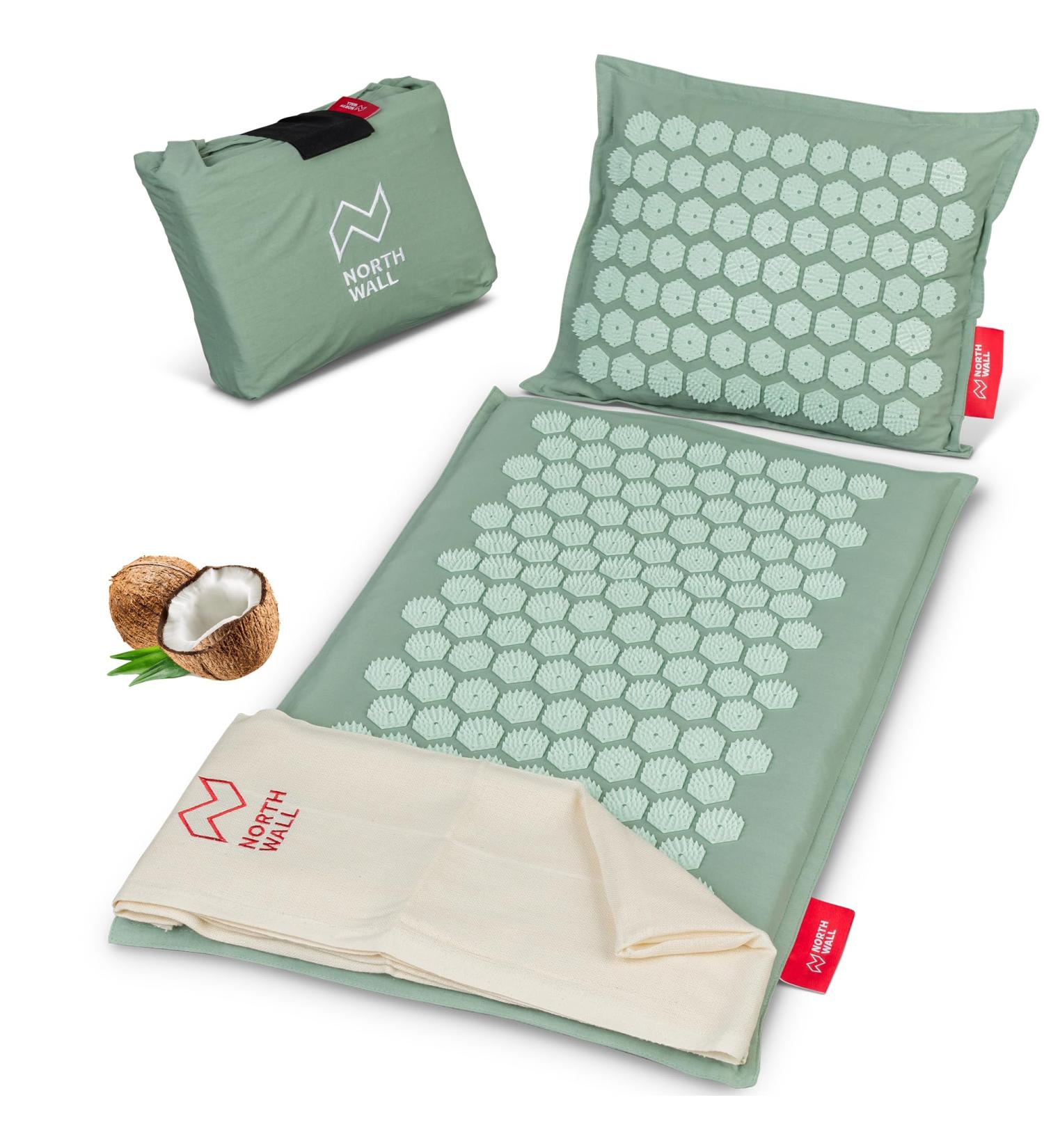 Northwall Akupressurmatte Set - Eco-Friendly Massage Mat with Pillow & Bag | Relieve Back Pain Stress & Tension | Acupuncture Mat in Green - Buy Online on GoSupps.com