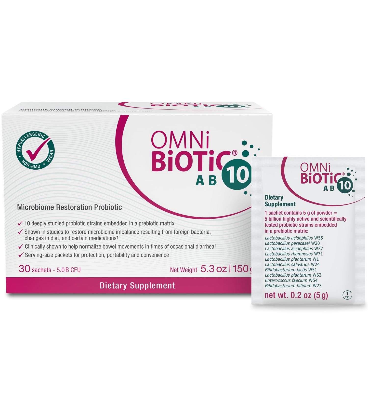 OMNi BiOTiC AB 10 - Clinically Tested Restorative Probiotic - Supports & Restores Gut Flora & Digestion - Digestive Probiotic for Diarrhea - Vegan Hypoallergenic Non-GMO (30 Daily Packets) - Buy Online on GoSupps.com