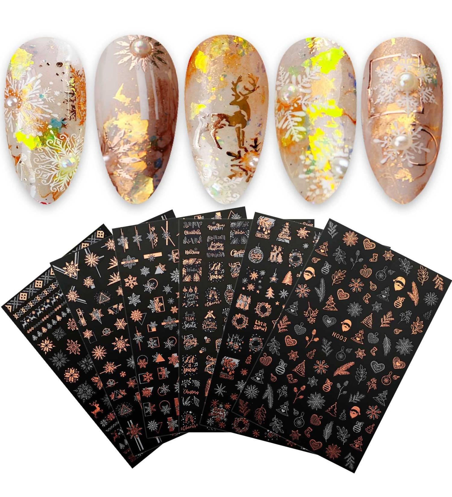 Rose Gold Christmas Nail Art Stickers - 8 Sheets Snowflakes, Santa Decals for Nail Design - Buy Online on GoSupps.com