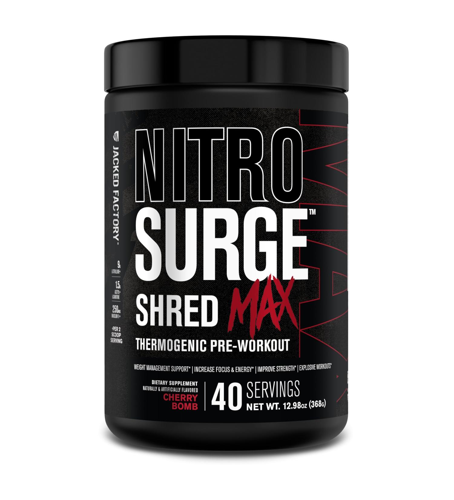 Jacked Factory Nitrosurge Shred Max Preworkout - High-Performance Thermogenic Pre Workout Powder for Men and Women with L Citrulline Acetyl L Carnitine Organic Caffeine - 40 Servings Cherry Bomb - Buy Online on GoSupps.com