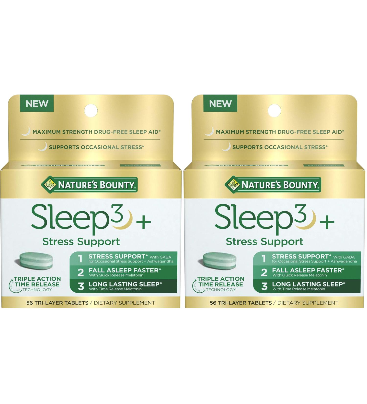 Nature's Bounty Stress Support Plus Melatonin Sleep3 Maximum Strength 100% Drug Free Sleep Aid Dietary Supplement with Ashwagandha Time Release Technology 10mg 56 Tri-Layered Tablets (Pack of 2) - Buy Online on GoSupps.com