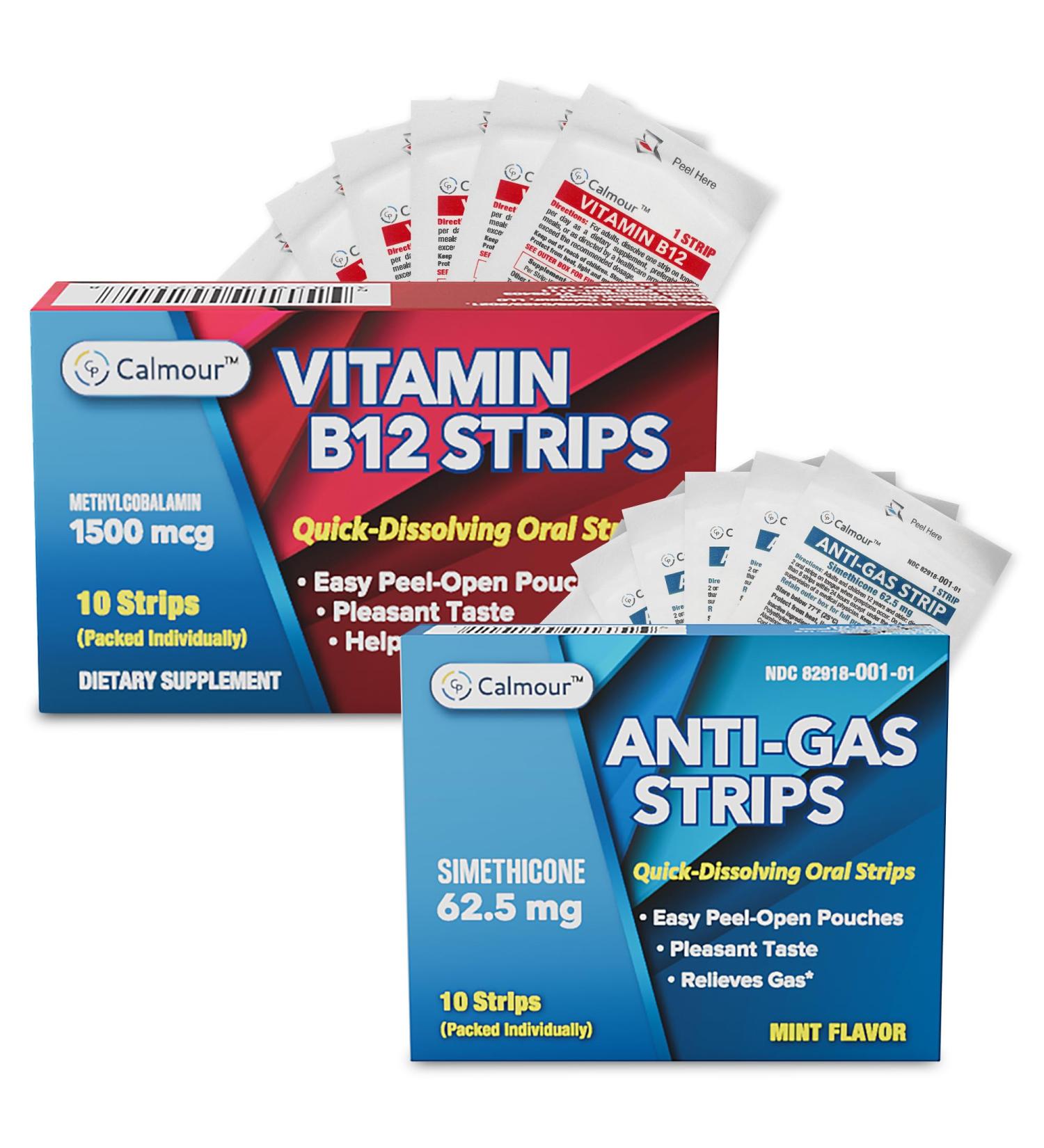 CALMOUR Digestive & Energy Support Bundle Anti Gas Relief Strips & Vitamin B12 Dissolvable Strips | Fast Bloating Relief & Energy Boost | Simethicone & Methylcobalamin Formula | Vegan-Friendly - Buy Online on GoSupps.com