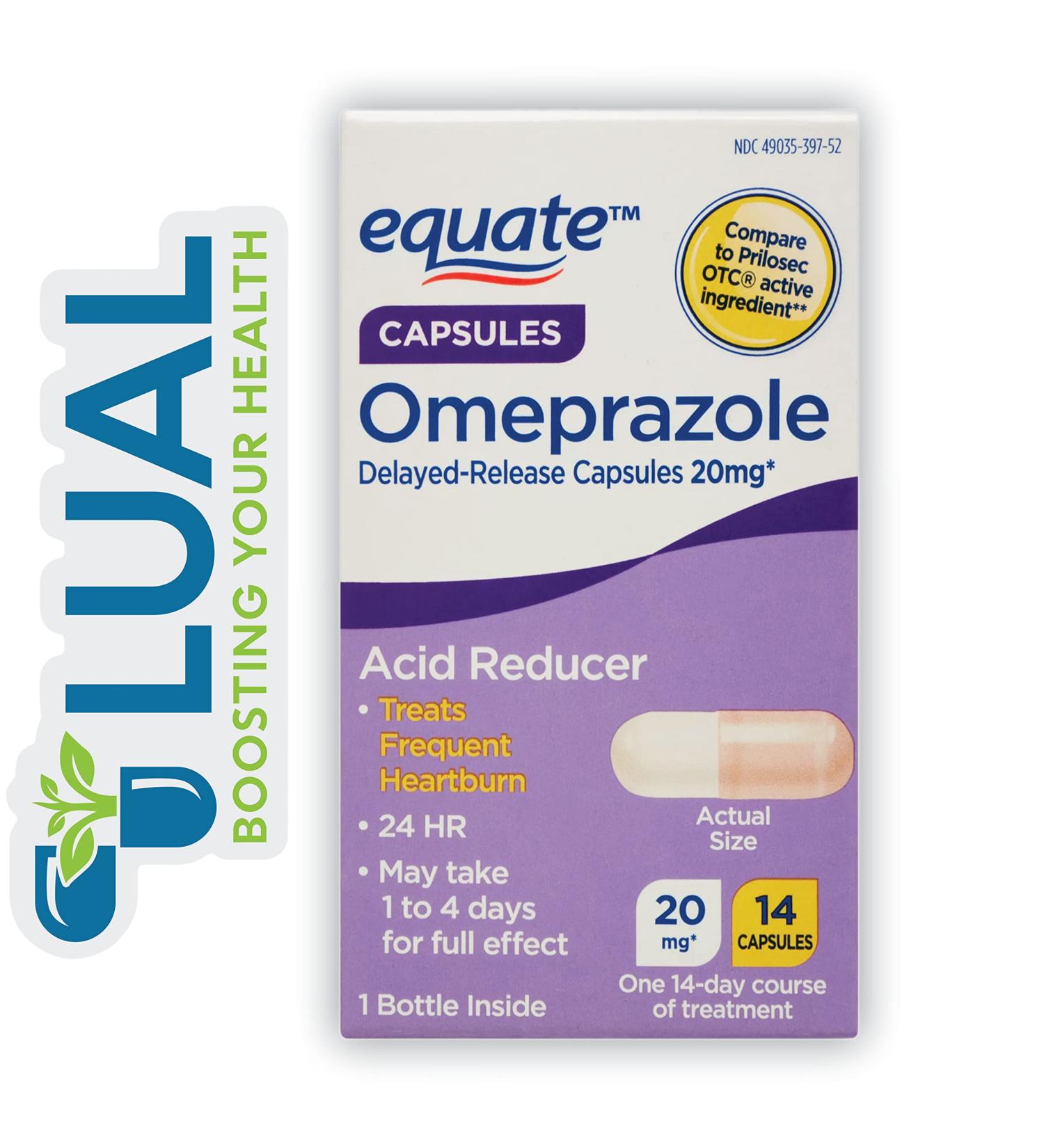 Omeprazole Acid Reducer 14 Capsules for Heartburn with Luall Sticker + Equate Delayed Release Tablets 20 mg - Buy Online on GoSupps.com