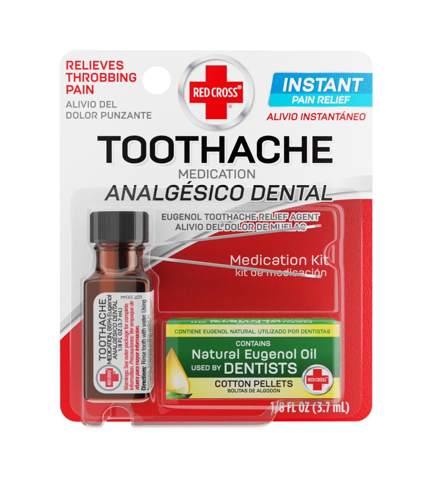 Red Cross Toothache Medicine Kit - Instant Relief for Throbbing Toothache with Natural Eugenol Oil Pain Relief Liquid Cotton Pellets & Tweezer | 1/8 Fl Oz - Buy Online on GoSupps.com