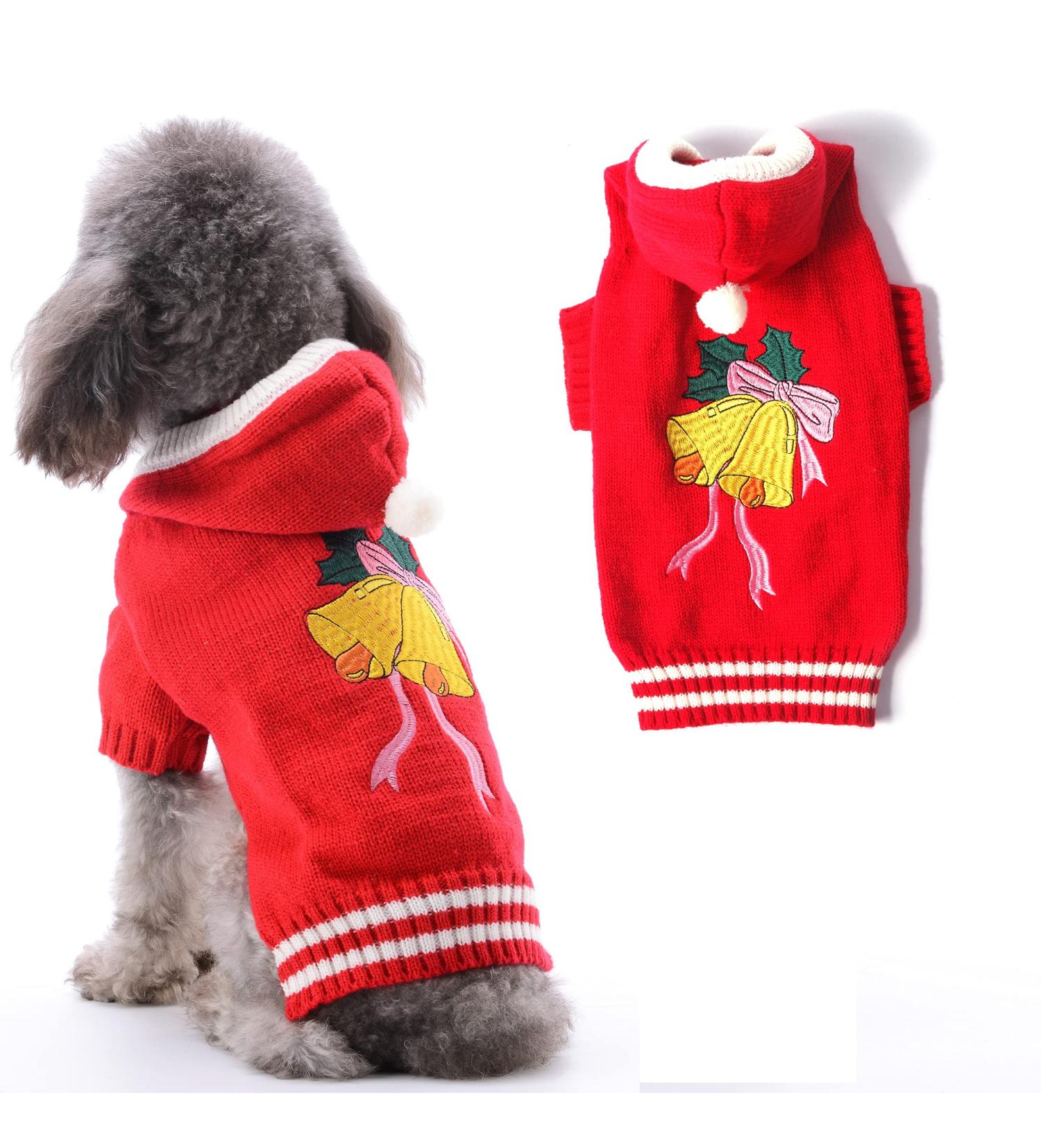 Hrttsy Christmas Dog Sweater - Warm Winter Pullover for Small & Medium Dogs | Cozy Pet Coat with Hood & Red Bell Costume - Buy Online on GoSupps.com