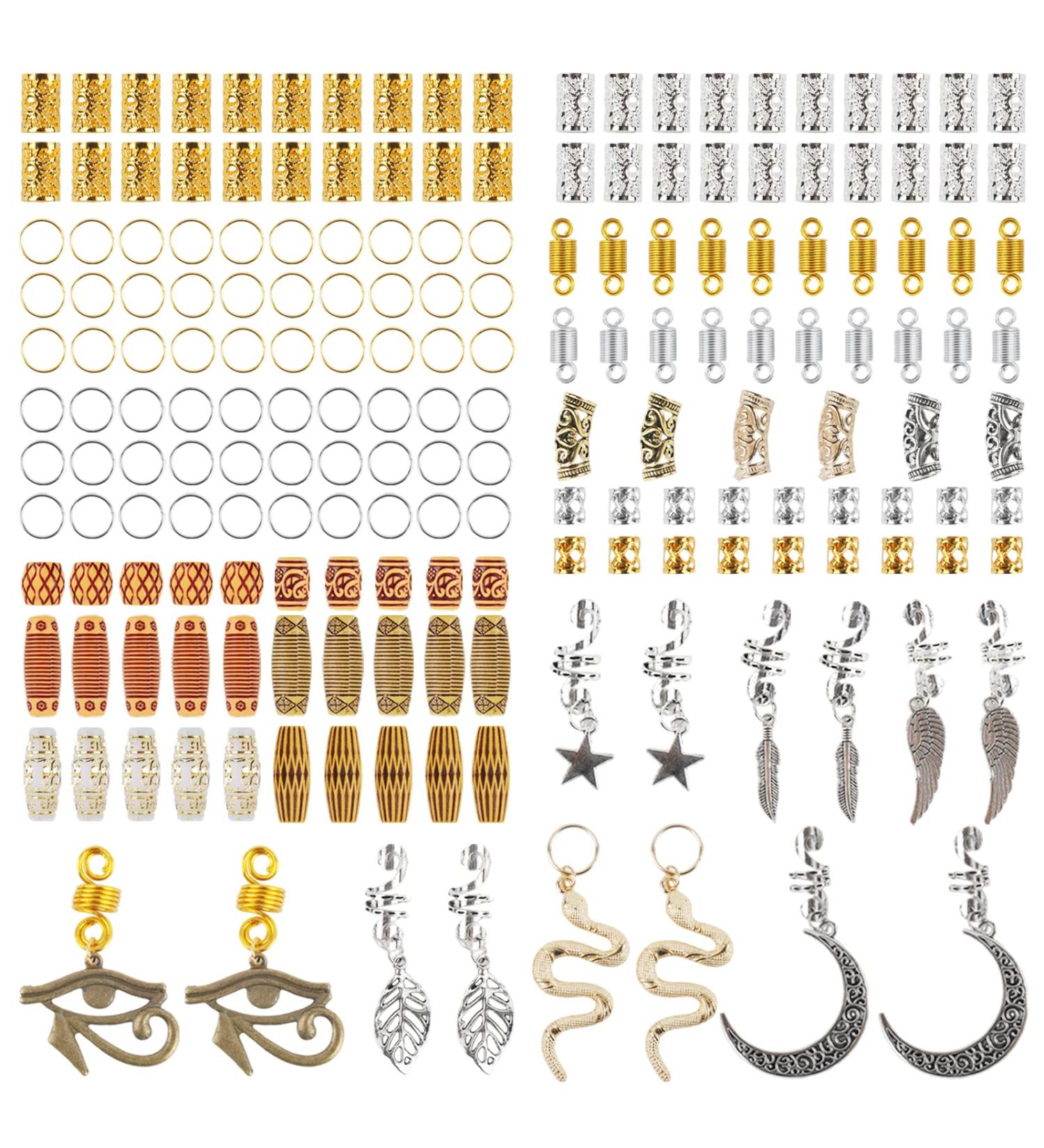 Nafaboig 180PCS Dreadlock Accessories: Wooden Beads, Hair Jewelry for Braids - Gold, Silver, Wooden Beads Rings, Cuffs, Clips, Coils, Charms - Braiding Hair Decoration - Buy Online on GoSupps.com
