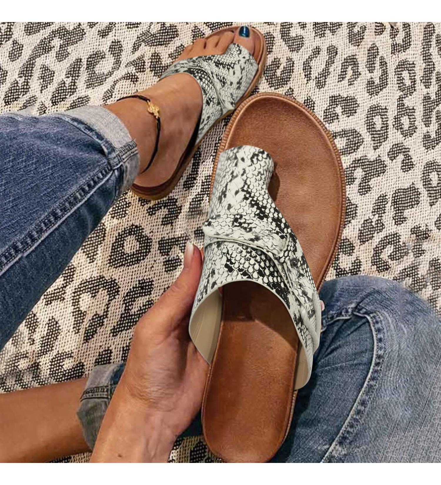 OKUH Orthotic Sandals for Plantar Fasciitis - Women's PU Leather Flat Sole Snake Pattern Summer Shoes - Buy Online on GoSupps.com