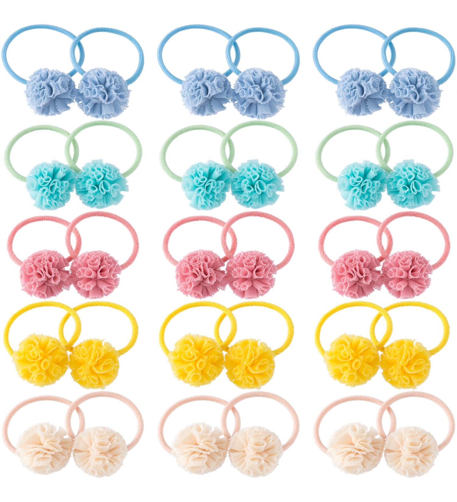 PAGOW 30pcs Baby Toddler Flower Ball Hair Ties for Girls in Multicolor - No-metal Stretchy Ponytail Holders (Korean Pink Blue Green Off-white Yellow) - Buy Online on GoSupps.com