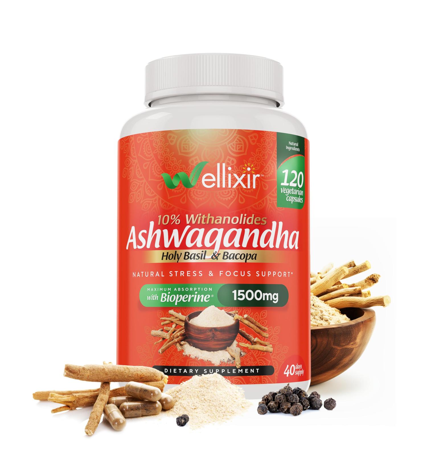 WELLIXIR Ashwagandha Capsules - 10% Withanolides Root Powder Extract Herbal Supplement to Help Support a Natural Stress Relief Sleep Focus - 1500mg for Men and Women -120 Count - Buy Online on GoSupps.com