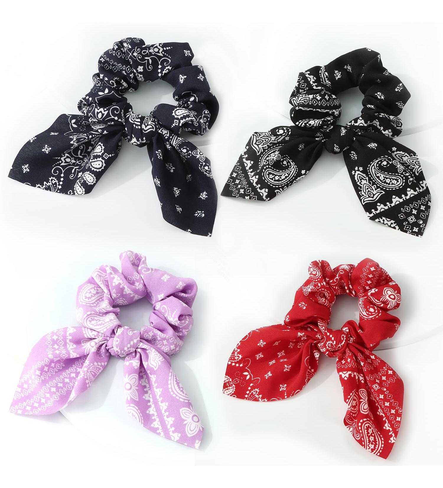 Miaija 4 Pieces Ribbon Bow Scrunchies Paisley Elastic Hair Band 4 Colors Chiffon Rope Scrunchy Leopard Ponytail Holders Hair Ties for Women Girls - Buy Online on GoSupps.com