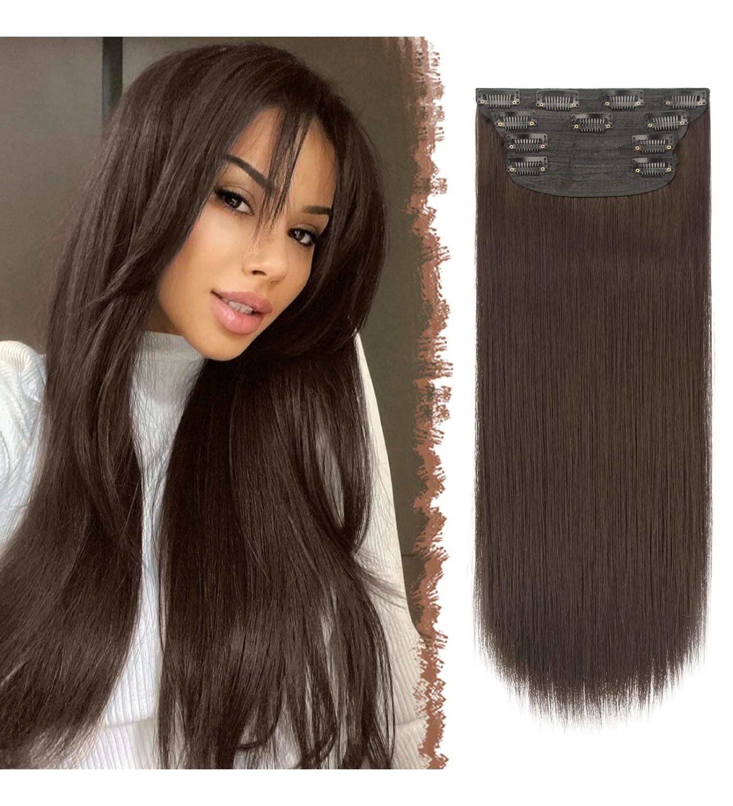 Feshfen Clip In Hair Extensions - 4PCs Synthetic Smooth Long Extensions for Women - Black Brown 50cm - Buy Online on GoSupps.com
