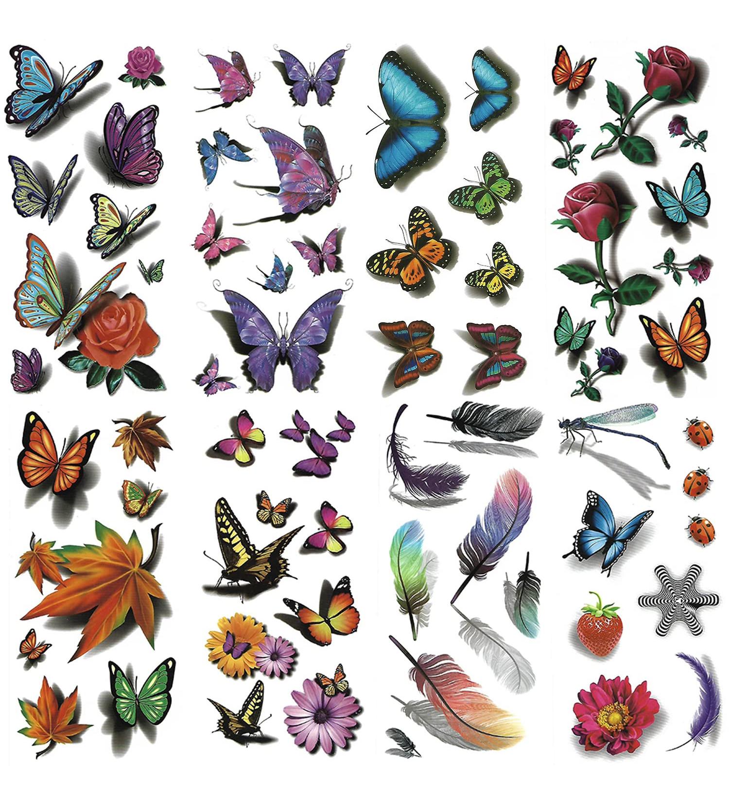 8 Large Sheets 3D Butterfly Temporary Tattoos for Women - Waterproof & Vibrant Designs | Flowers, Dragonfly, and More - Ideal for Girls (Style 2) - Buy Online on GoSupps.com